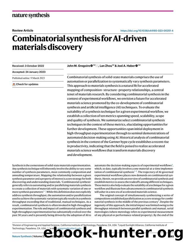 Combinatorial synthesis for AI-driven materials discovery by John M. Gregoire & Lan Zhou & Joel A. Haber