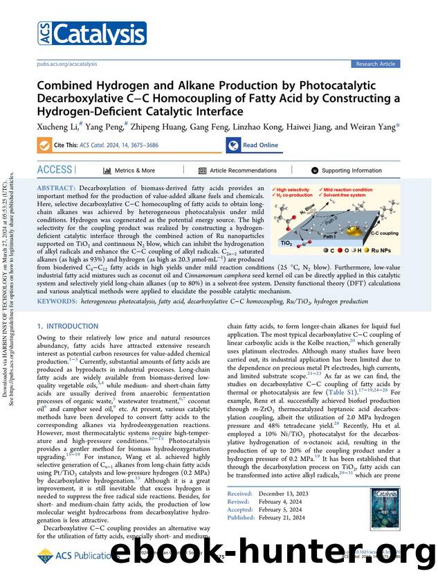 Combined Hydrogen and Alkane Production by Photocatalytic Decarboxylative CâC Homocoupling of Fatty Acid by Constructing a Hydrogen-Deficient Catalytic Interface by Xucheng Li Yang Peng Zhipeng Huang Gang Feng Linzhao Kong Haiwei Jiang & Weiran Yang