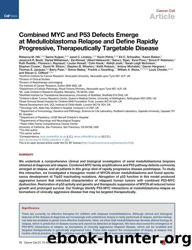 Combined MYC and P53 Defects Emerge at Medulloblastoma Relapse and Define Rapidly Progressive, Therapeutically Targetable Disease by unknow