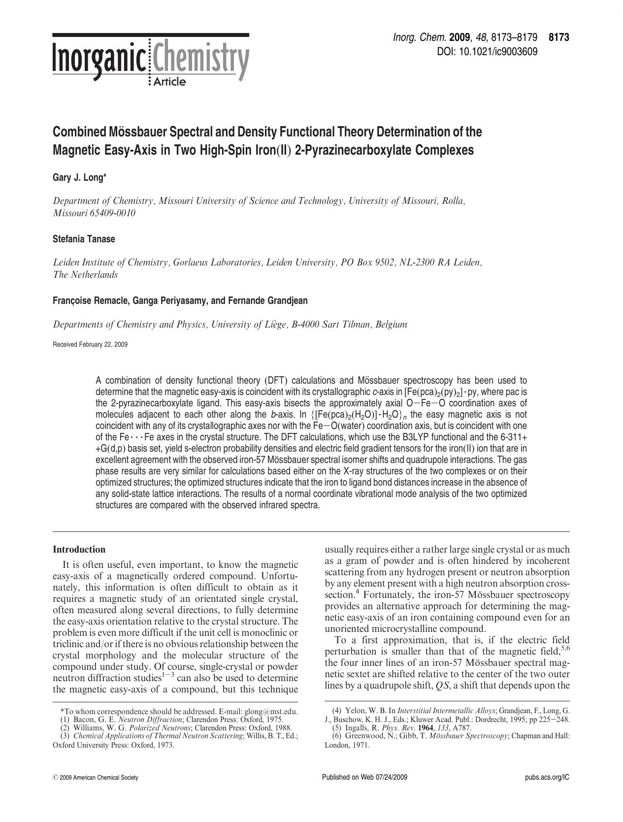 Combined MoÌssbauer Spectral and Density Functional Theory Determination of the Magnetic Easy-Axis in Two High-Spin Iron(II) 2-Pyrazinecarboxylate Complexes by unknow