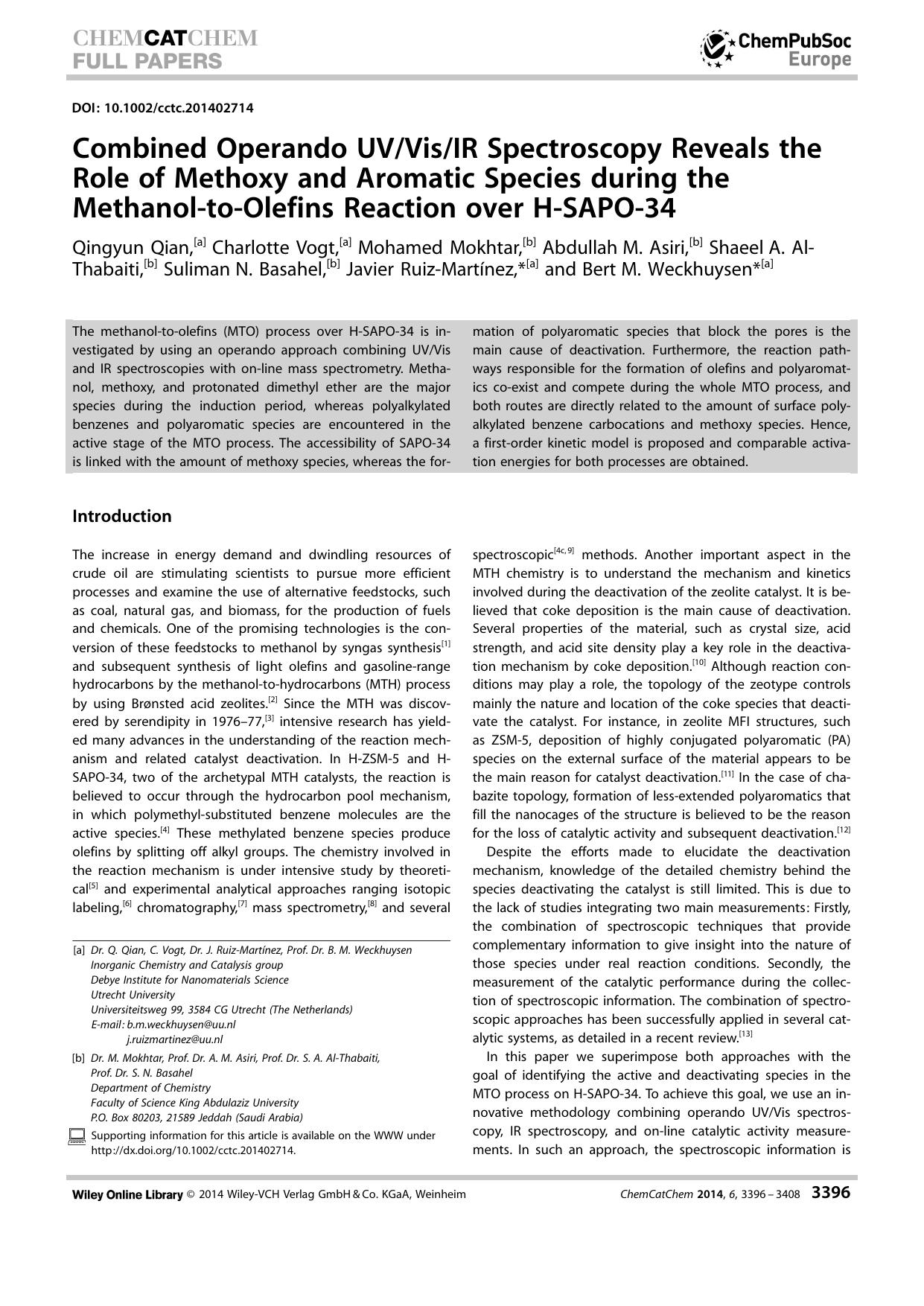 Combined Operando UVVisIR Spectroscopy Reveals the Role of Methoxy and Aromatic Species during the MethanoltoOlefins Reaction over HSAPO34 by Unknown