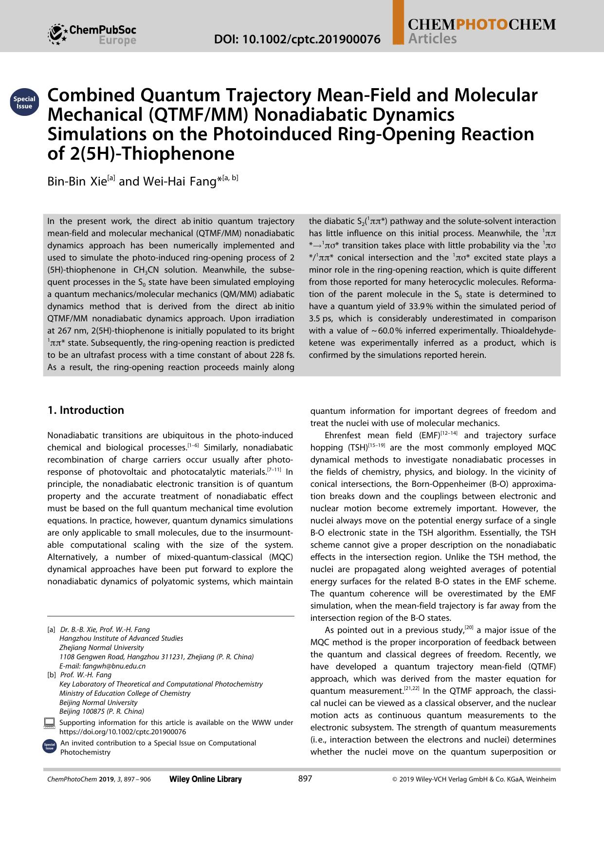 Combined Quantum Trajectory MeanâField and Molecular Mechanical (QTMFMM) Nonadiabatic Dynamics Simulations on the Photoinduced RingâOpening Reaction of 2(5H)âThiophenone by Unknown