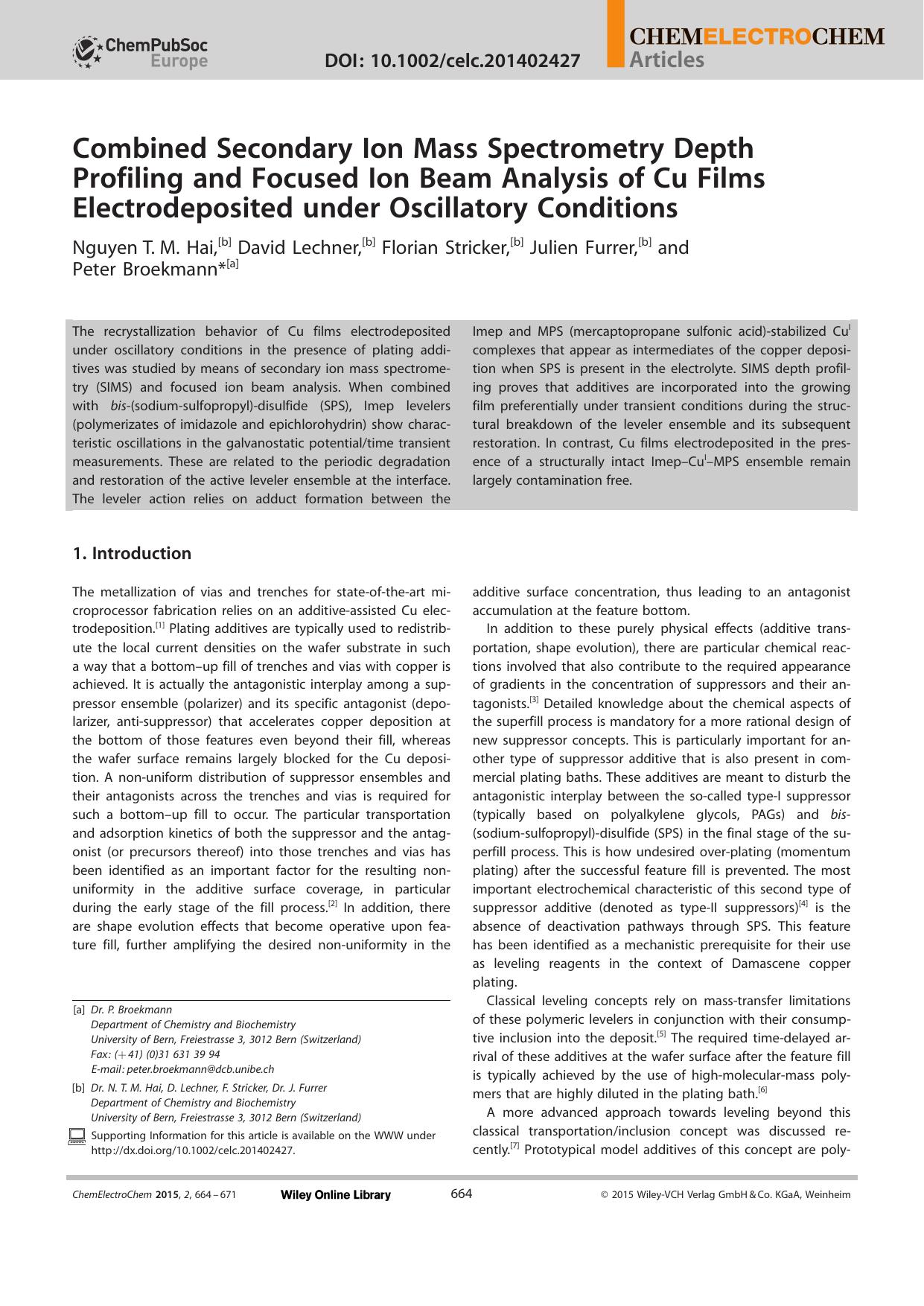 Combined Secondary Ion Mass Spectrometry Depth Profiling and Focused Ion Beam Analysis of Cu Films Electrodeposited under Oscillatory Conditions by Unknown