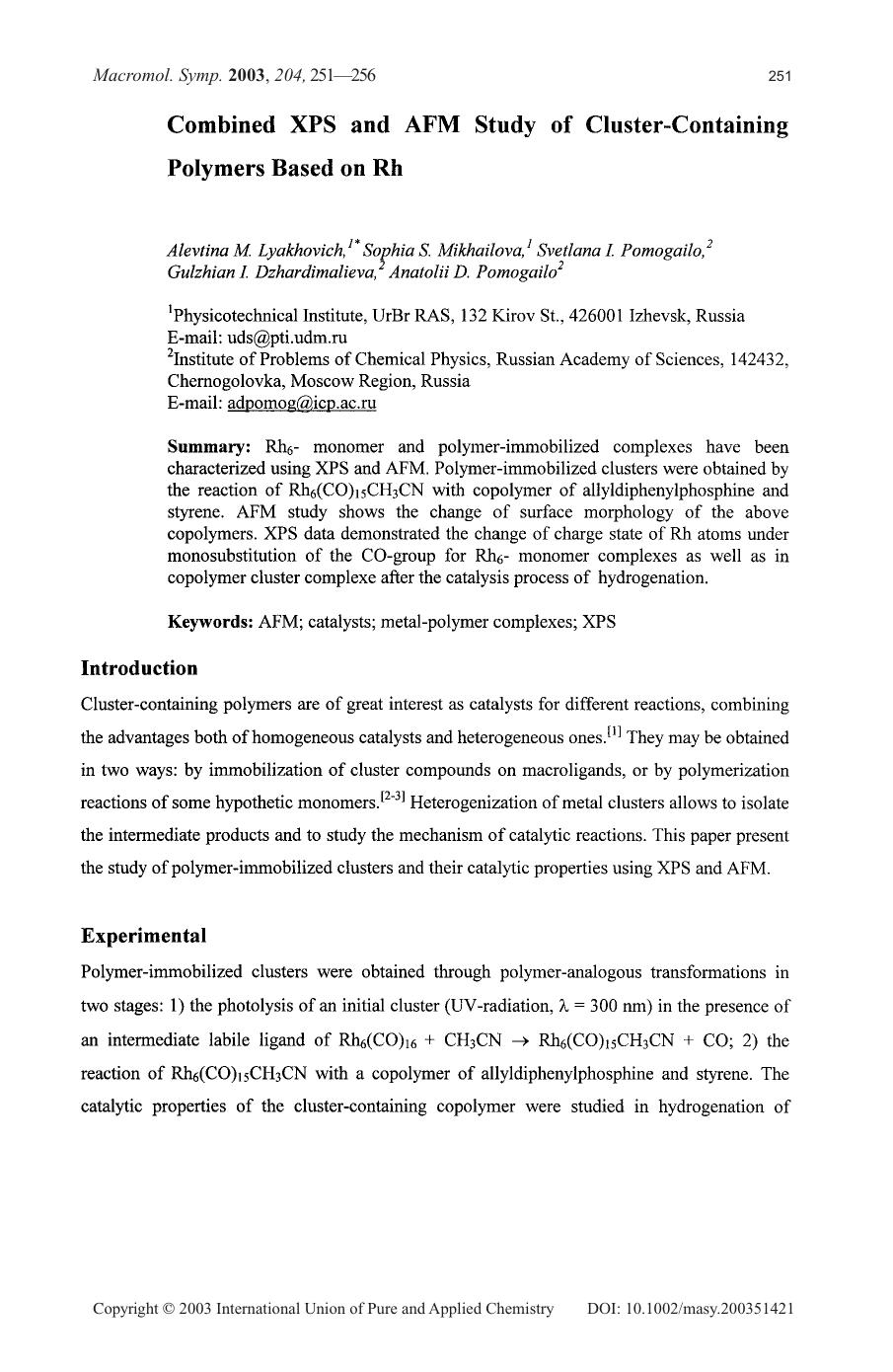 Combined XPS and AFM study of cluster-containing polymers based on Rh by Unknown