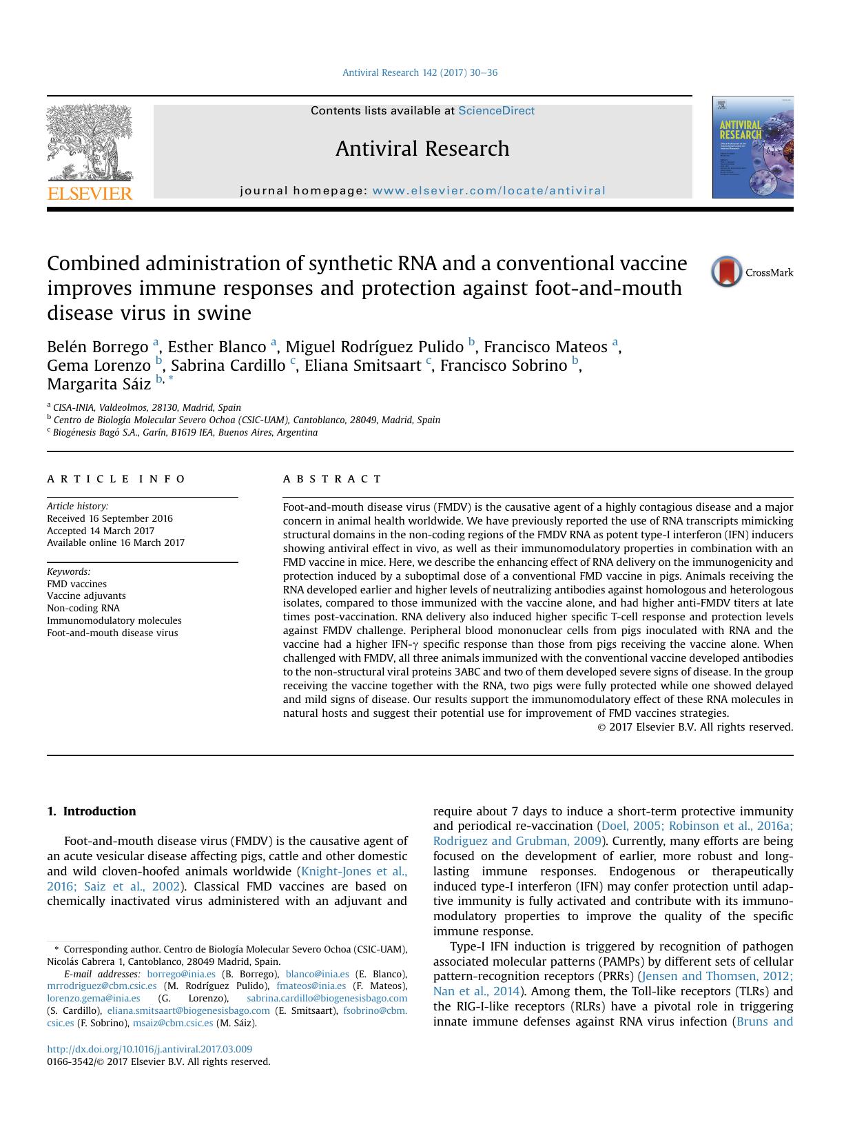 Combined administration of synthetic RNA and a conventional vaccine improves immune responses and protection against foot-and-mouth disease virus in swine by unknow