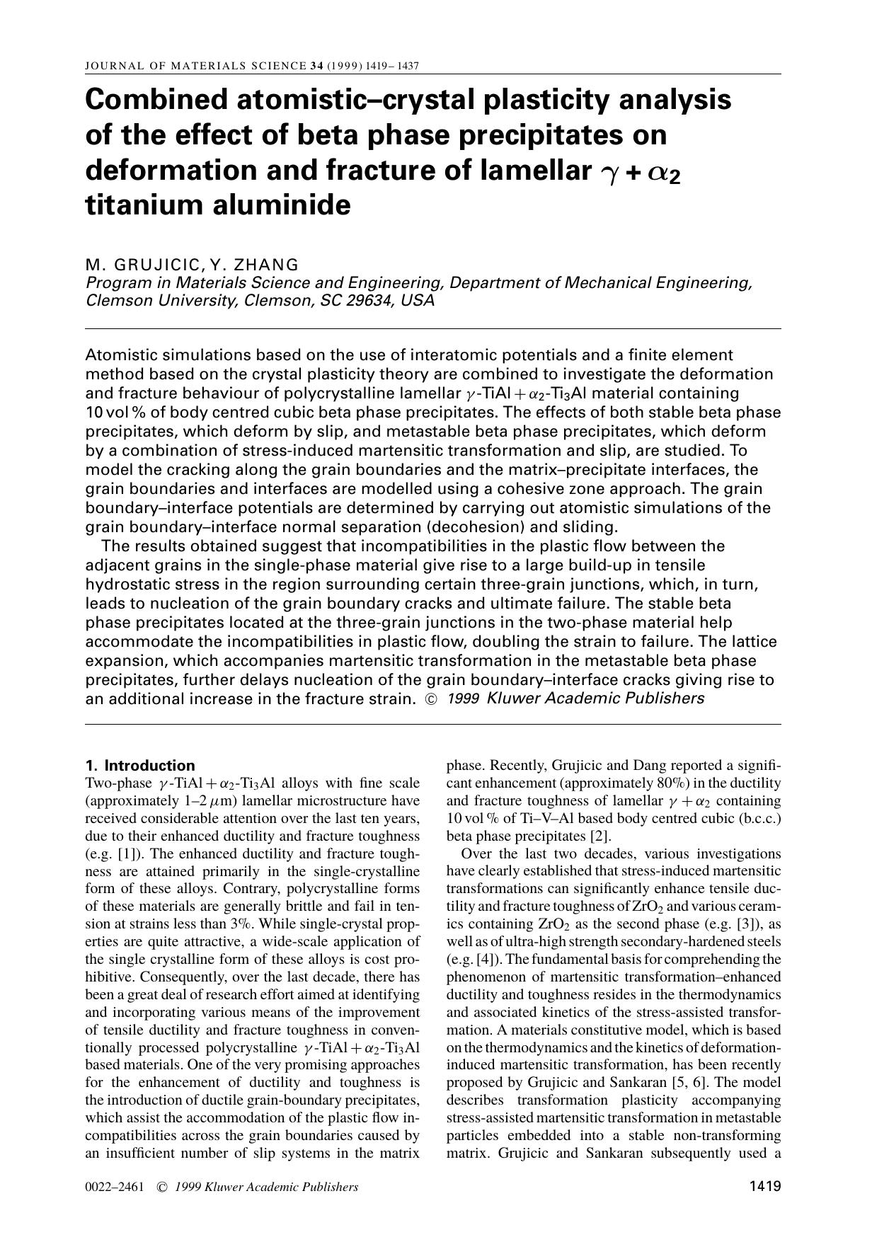 Combined atomistic–crystal plasticity analysis of the effect of beta phase precipitates on deformation and fracture of lamellar γ + α2 titanium aluminide by Unknown