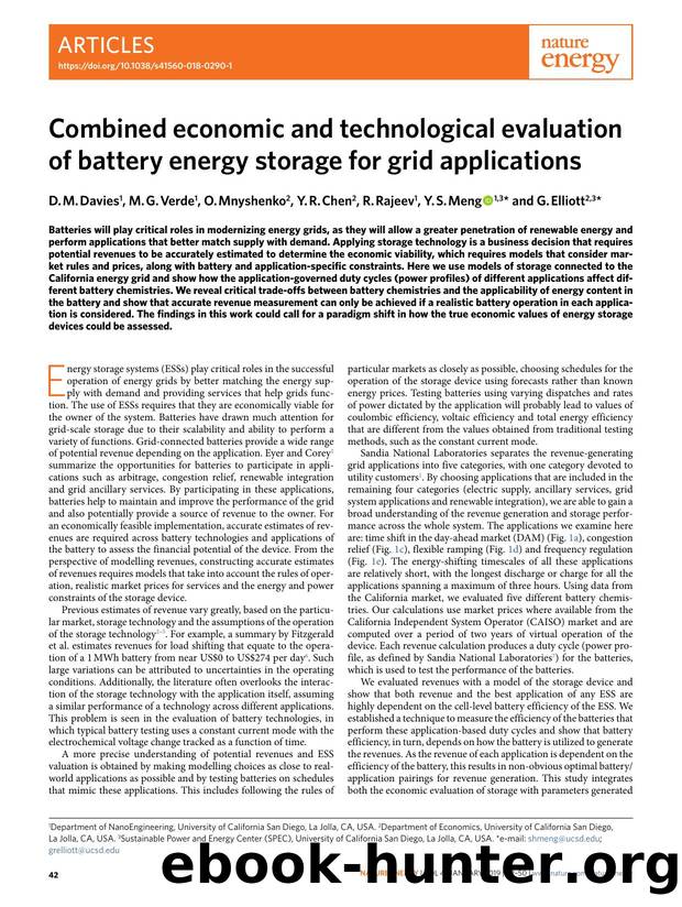 Combined economic and technological evaluation of battery energy storage for grid applications by D. M. Davies & M. G. Verde & O. Mnyshenko & Y. R. Chen & R. Rajeev & Y. S. Meng & G. Elliott