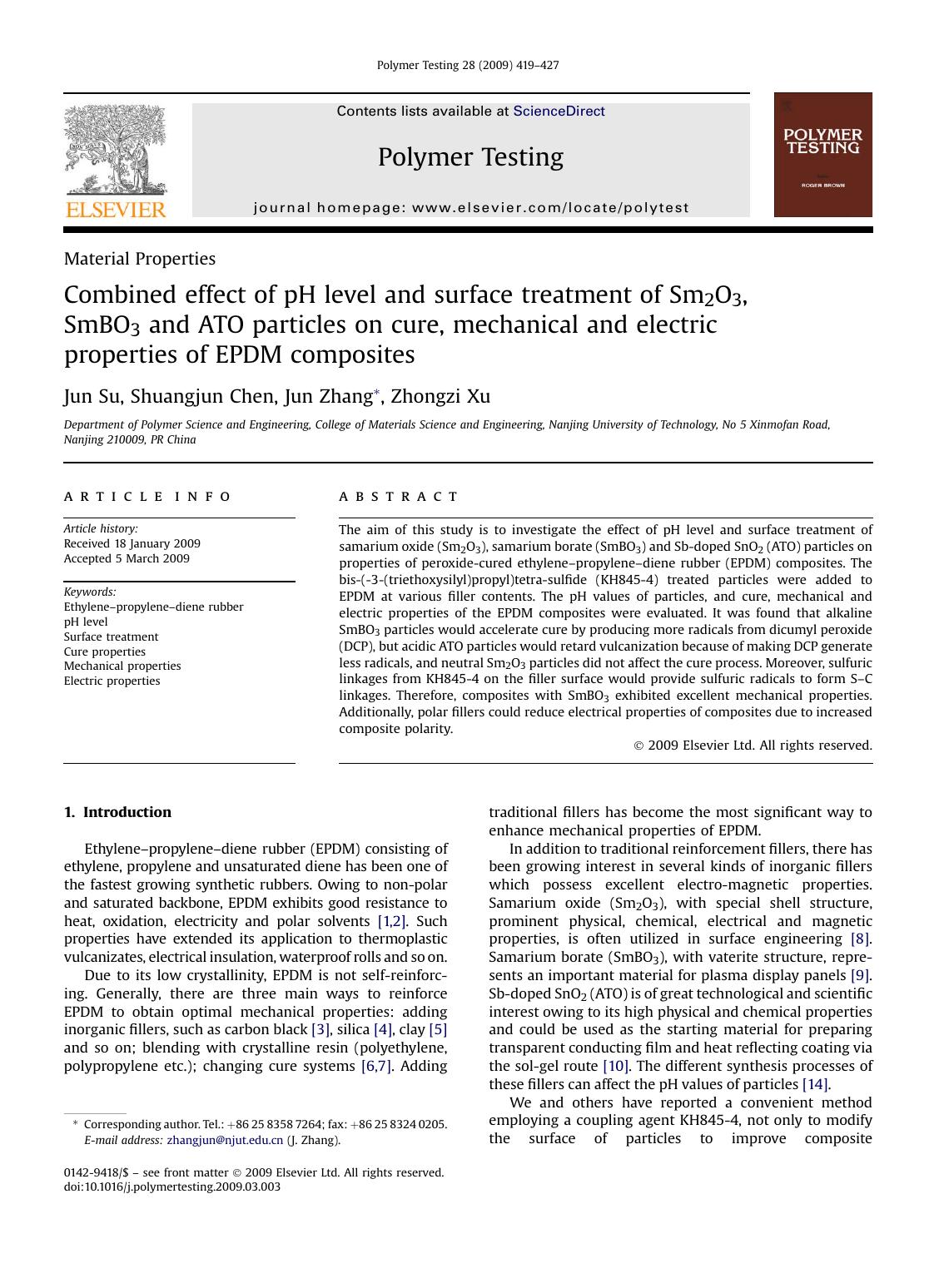 Combined effect of pH level and surface treatment of Sm2O3, SmBO3 and ATO particles on cure, mechanical and electric properties of EPDM composites by Jun Su; Shuangjun Chen; Jun Zhang; Zhongzi Xu
