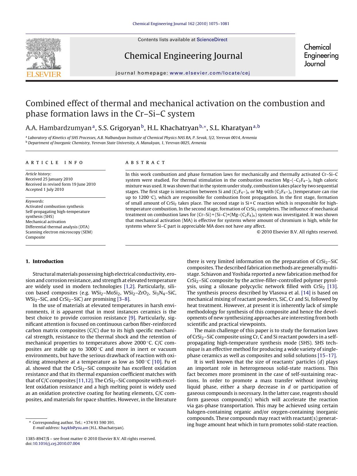 Combined effect of thermal and mechanical activation on the combustion and phase formation laws in the CrÃ¢â¬âSiÃ¢â¬âC system by A.A. Hambardzumyan