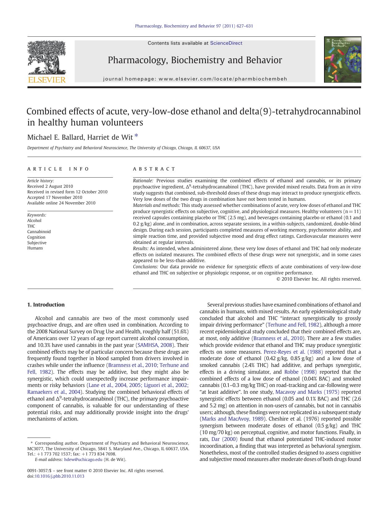 Combined effects of acute, very-low-dose ethanol and delta(9)-tetrahydrocannabinol in healthy human volunteers by Michael E. Ballard & Harriet de Wit