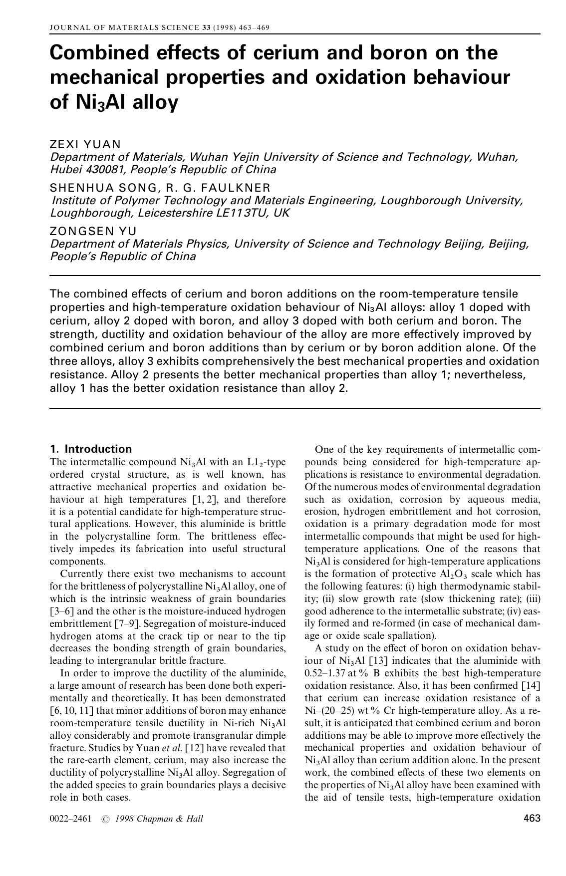 Combined effects of cerium and boron on the mechanical properties and oxidation behaviour of Ni3Al alloy by Unknown