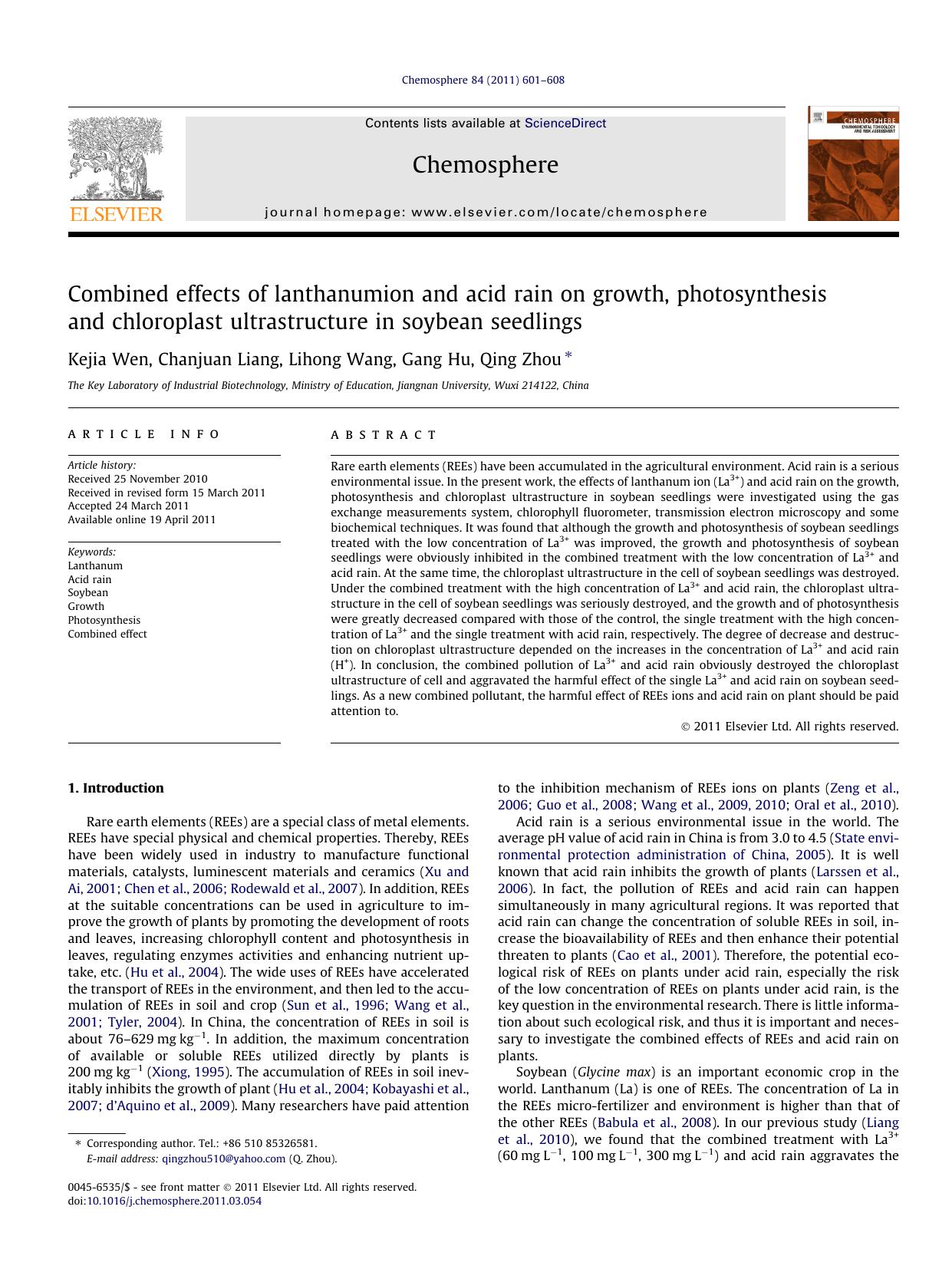 Combined effects of lanthanumion and acid rain on growth, photosynthesis and chloroplast ultrastructure in soybean seedlings by Kejia Wen & Chanjuan Liang & Lihong Wang & Gang Hu & Qing Zhou