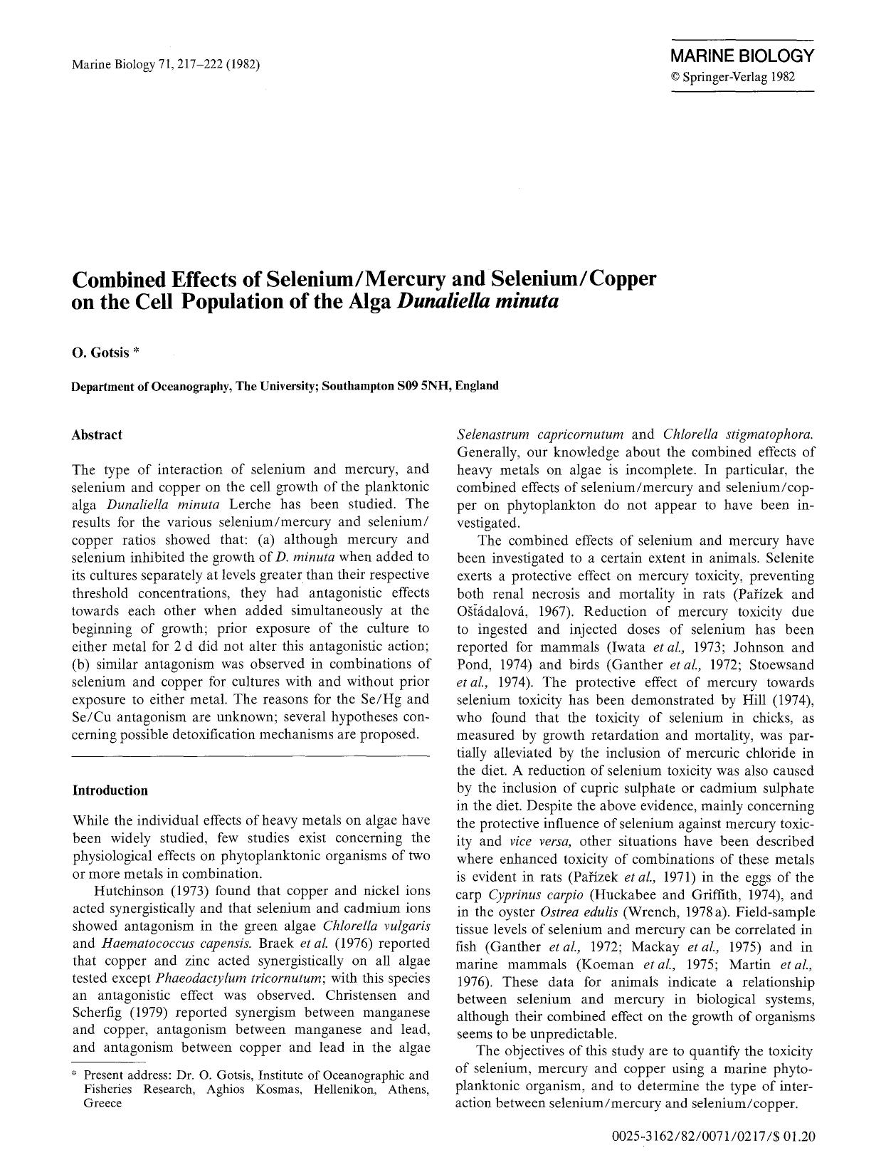 Combined effects of seleniummercury and seleniumcopper on the cell population of the alga <Emphasis Type="Italic">Dunaliella minuta<Emphasis> by Unknown
