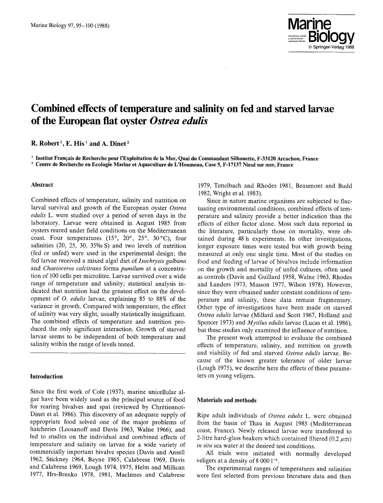 Combined effects of temperature and salinity on fed and starved larvae of the European flat oyster <Emphasis Type="Italic">Ostrea edulis<Emphasis> by Unknown