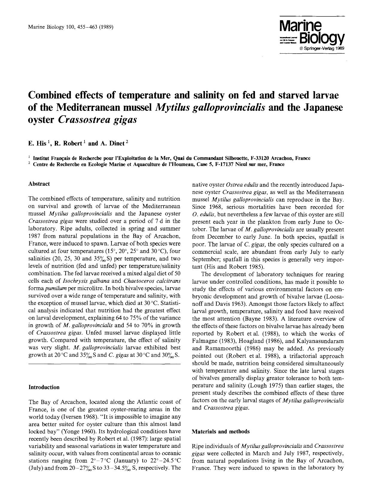Combined effects of temperature and salinity on fed and starved larvae of the mediterranean mussel <Emphasis Type="Italic">Mytilus galloprovincialis<Emphasis> and the Japanese oyst by Unknown
