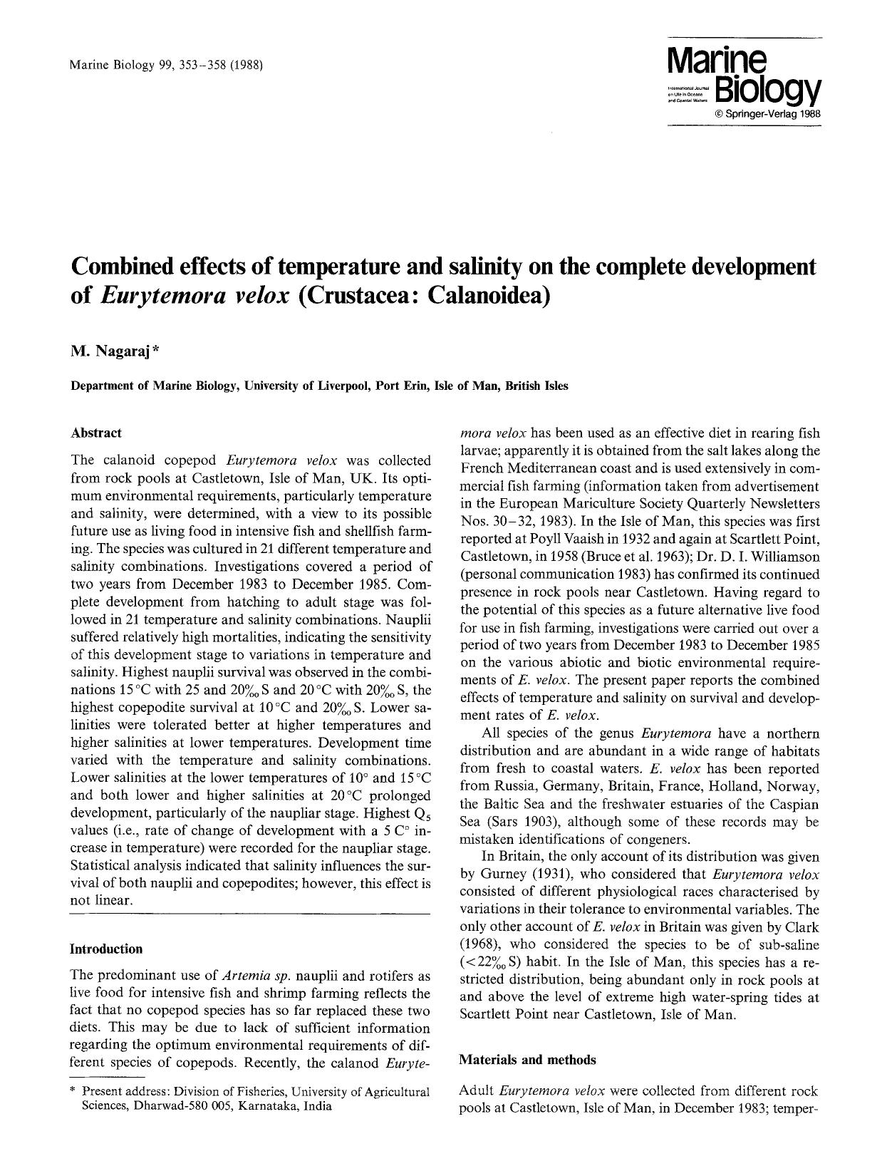 Combined effects of temperature and salinity on the complete development of <Emphasis Type="Italic">Eurytemora velox <Emphasis> (Crustacea: Calanoidea) by Unknown