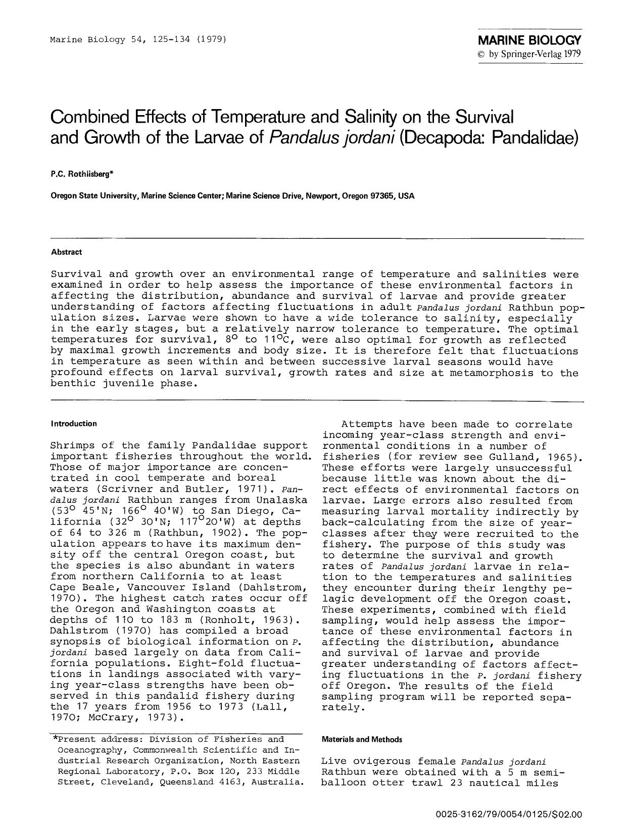 Combined effects of temperature and salinity on the survival and growth of the larvae of <Emphasis Type="Italic">Pandalus jordani<Emphasis> (Decapoda: Pandalidae) by Unknown