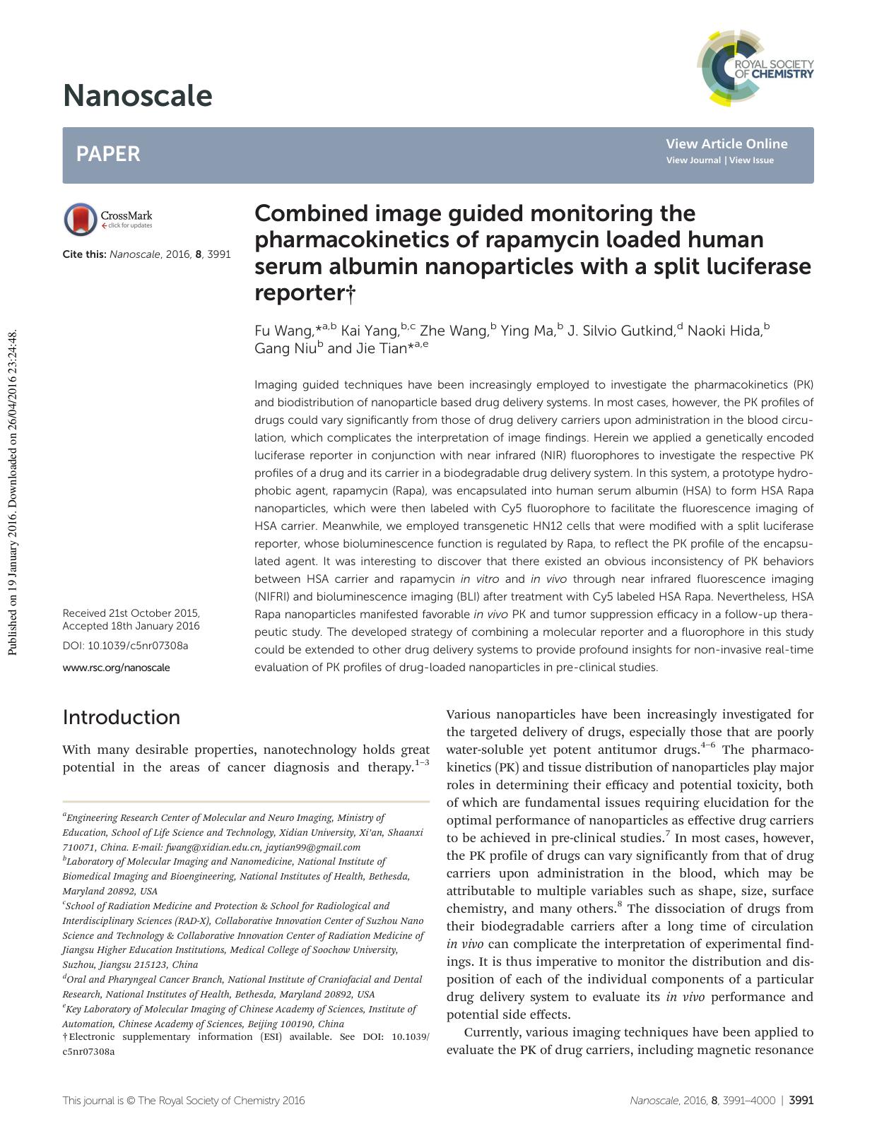 Combined image guided monitoring the pharmacokinetics of rapamycin loaded human serum albumin nanoparticles with a split luciferase reporter by Fu Wang Kai Yang Zhe Wang Ying Ma J. Silvio Gutkind Naoki Hida Gang Niu Jie Tian