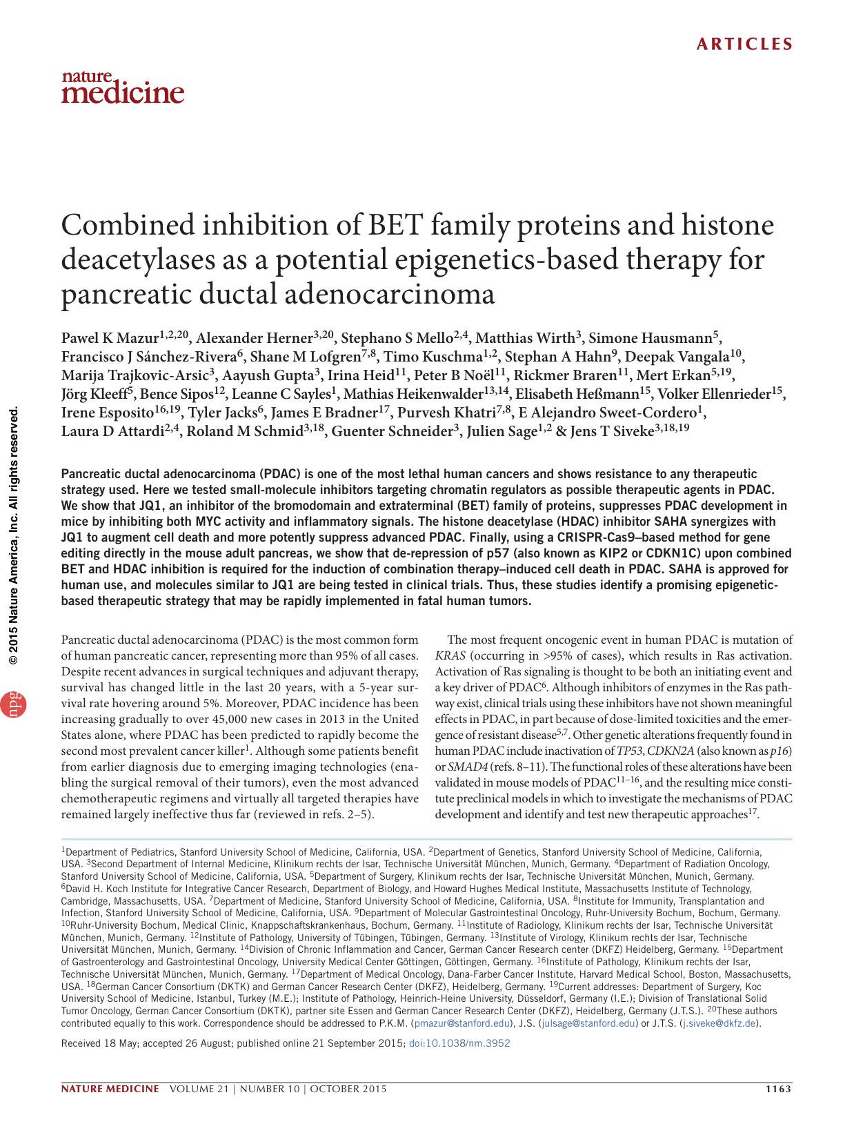 Combined inhibition of BET family proteins and histone deacetylases as a potential epigenetics-based therapy for pancreatic ductal adenocarcinoma by unknow