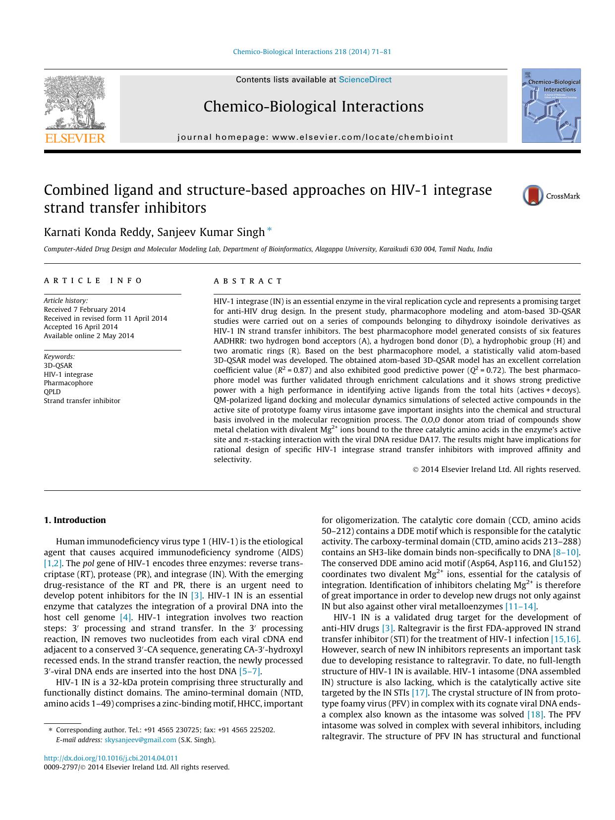 Combined ligand and structure-based approaches on HIV-1 integrase strand transfer inhibitors by Karnati Konda Reddy & Sanjeev Kumar Singh