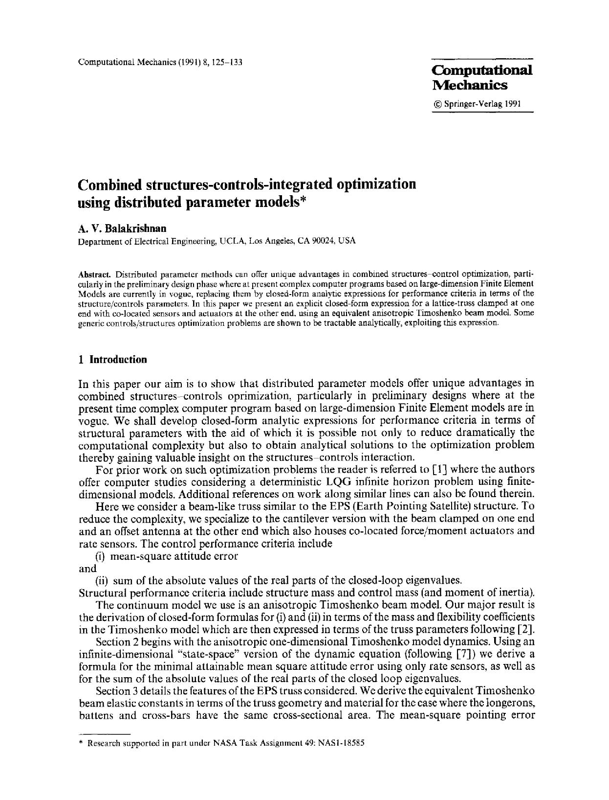 Combined structures-controls-integrated optimization using distributed parameter models by Unknown