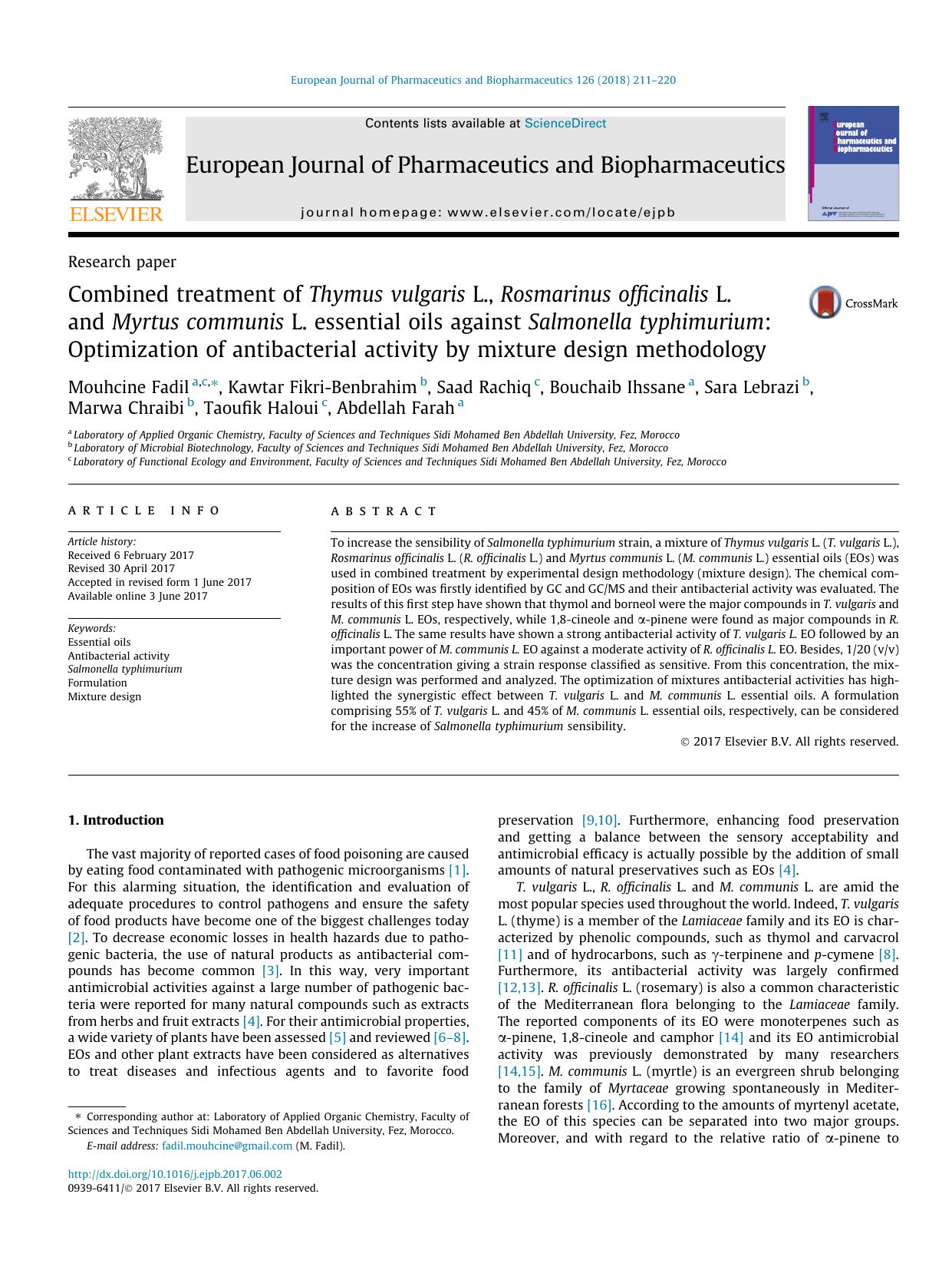 Combined treatment of Thymus vulgaris L., Rosmarinus officinalis L. and Myrtus communis L. essential oils against Salmonella typhimurium: Optimization of antibacterial activity by  by unknow