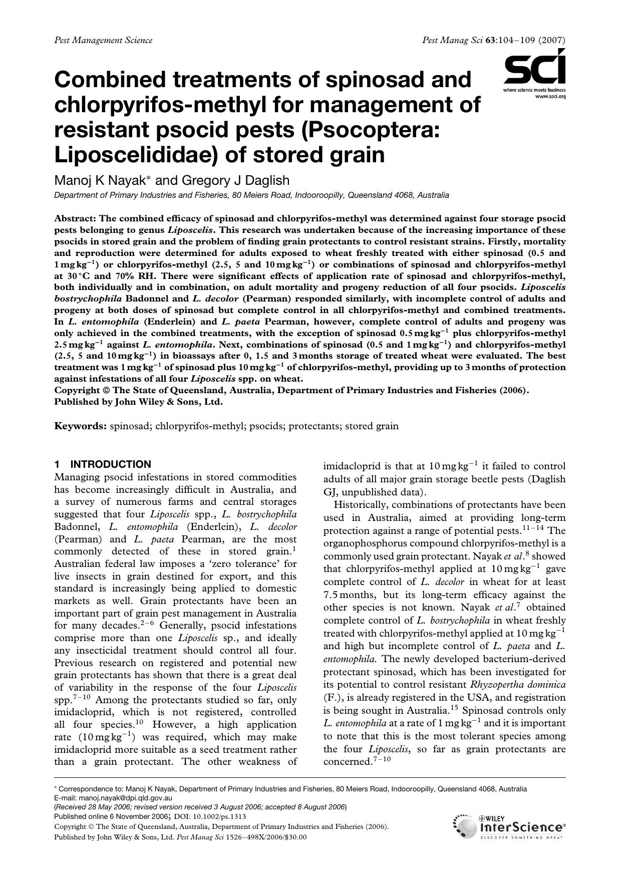 Combined treatments of spinosad and chlorpyrifos-methyl for management of resistant psocid pests (Psocoptera: Liposcelididae) of stored grain by Unknown