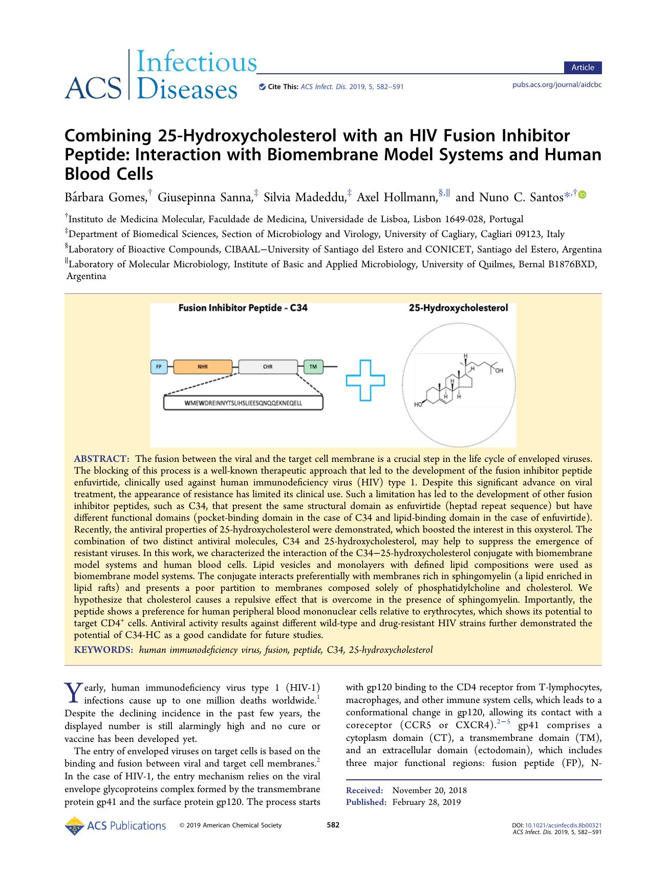 Combining 25-Hydroxycholesterol with an HIV Fusion Inhibitor Peptide: Interaction with Biomembrane Model Systems and Human Blood Cells by unknow