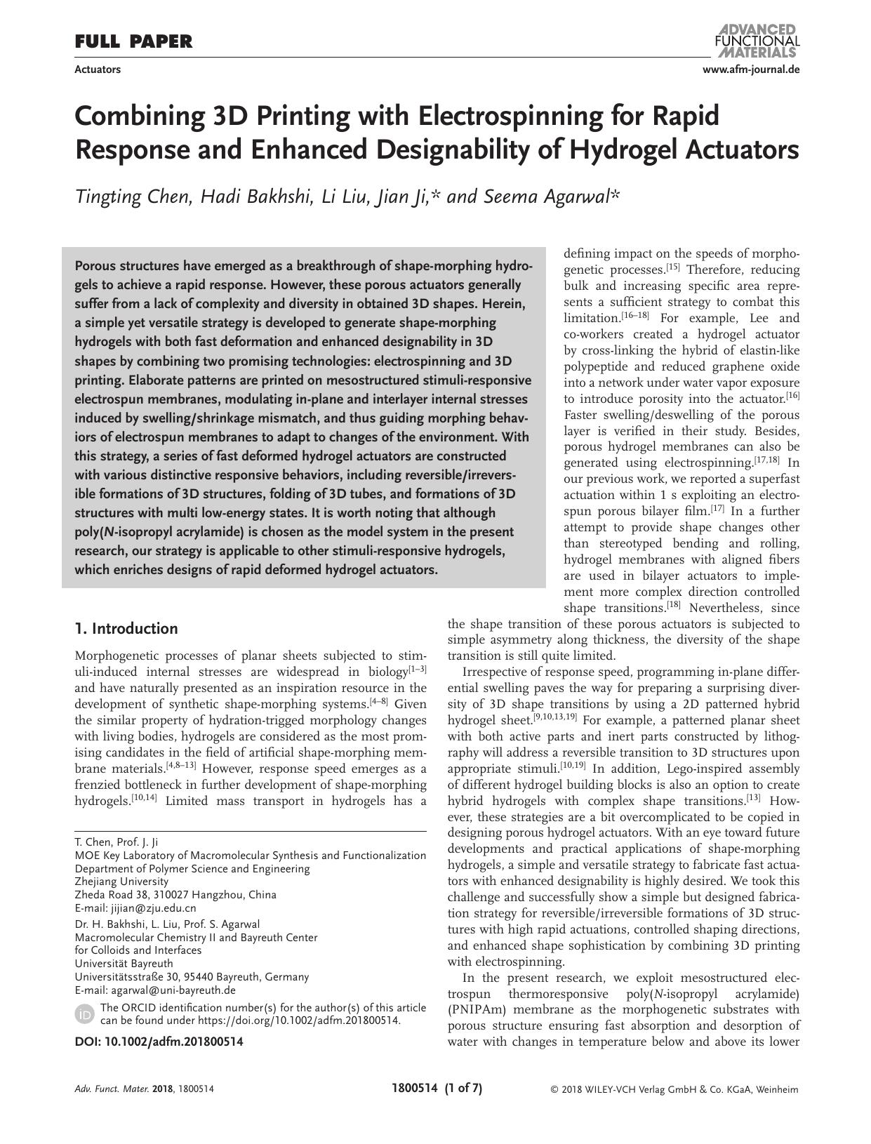 Combining 3D Printing with Electrospinning for Rapid Response and Enhanced Designability of Hydrogel Actuators by Unknown