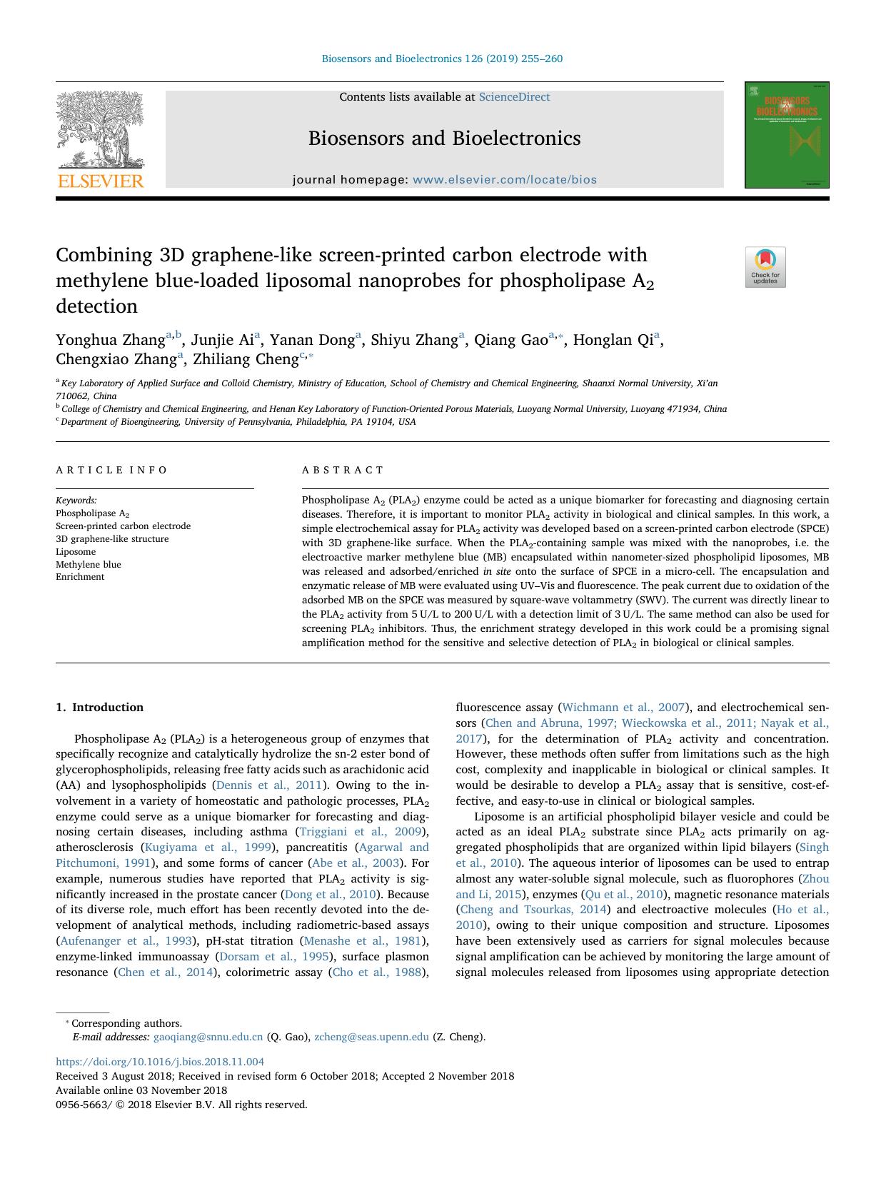 Combining 3D graphene-like screen-printed carbon electrode with methylene blue-loaded liposomal nanoprobes for phospholipase A2 detection by unknow