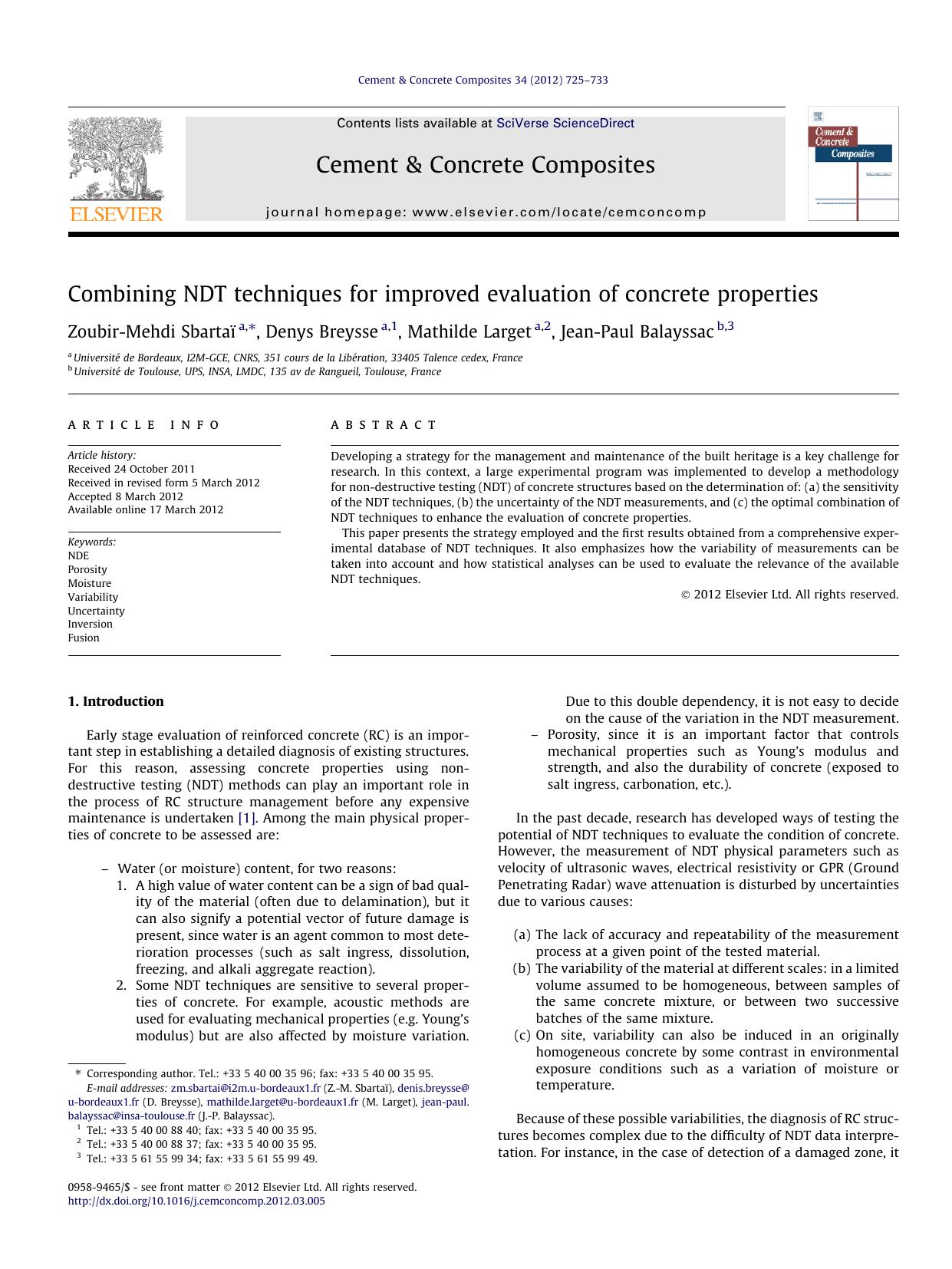 Combining NDT techniques for improved evaluation of concrete properties by Zoubir-Mehdi SbartaÃ¯ & Denys Breysse & Mathilde Larget & Jean-Paul Balayssac
