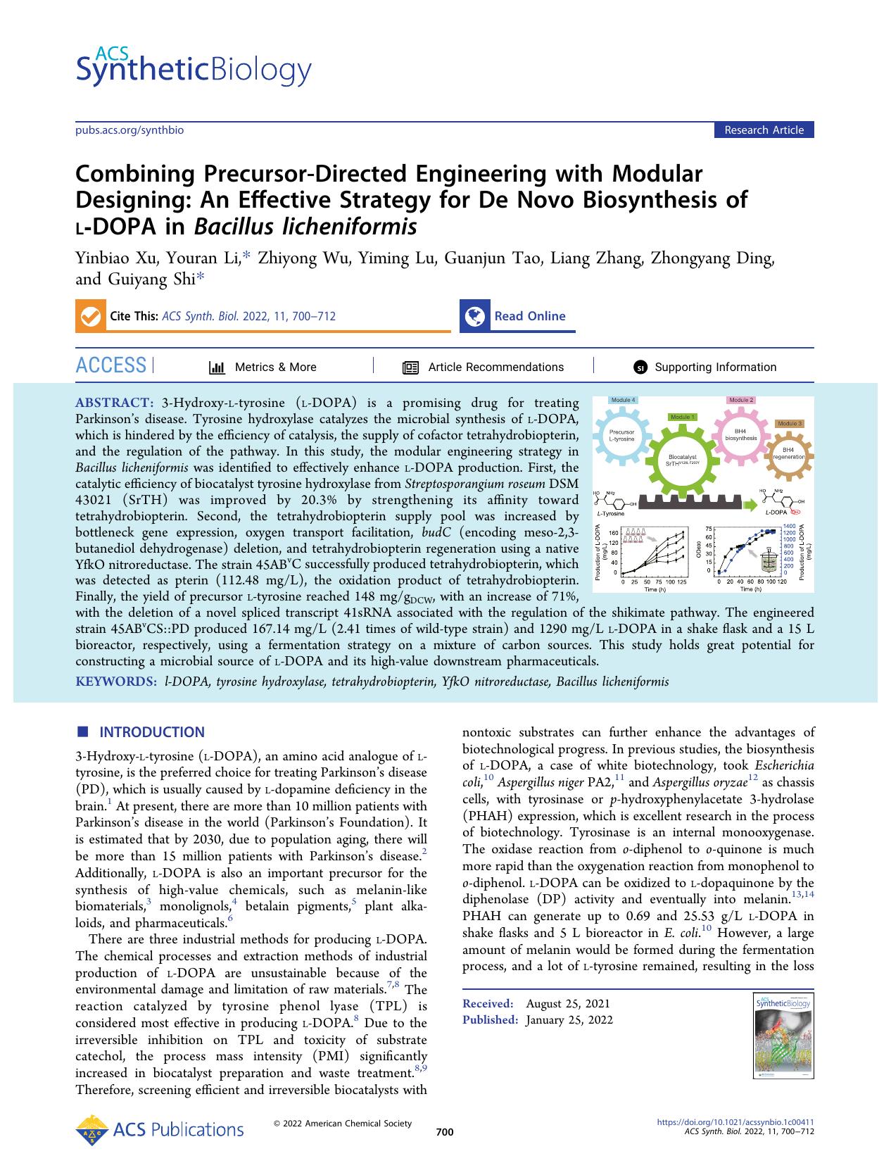 Combining Precursor-Directed Engineering with Modular Designing: An Effective Strategy for De Novo Biosynthesis of l-DOPA in Bacillus licheniformis by unknow