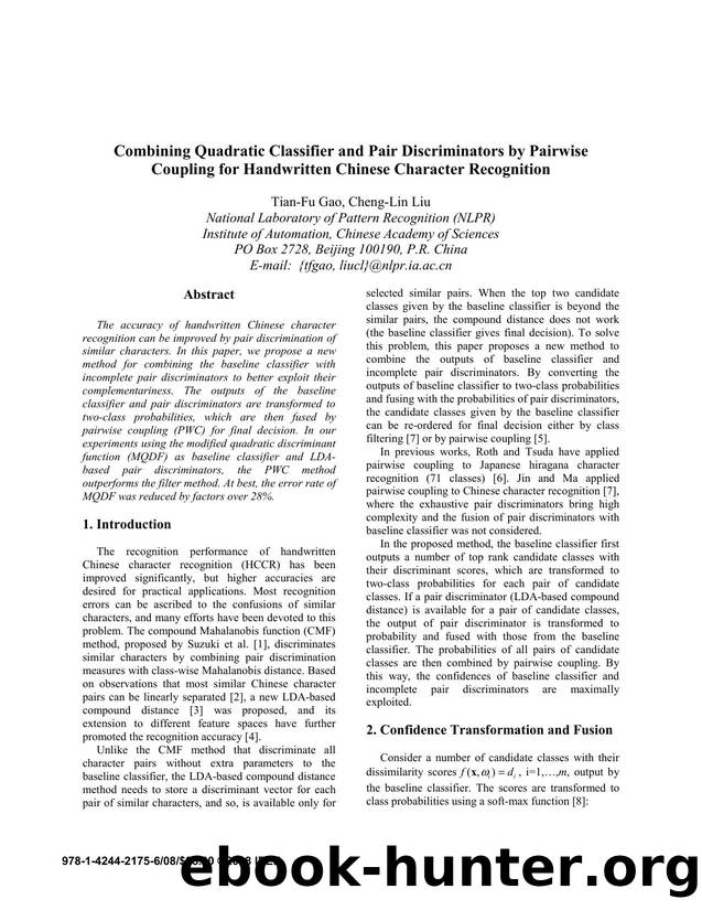 Combining Quadratic Classifier and Pair Discriminators by Pairwise Coupling for Handwritten Chinese Character Recognition by 