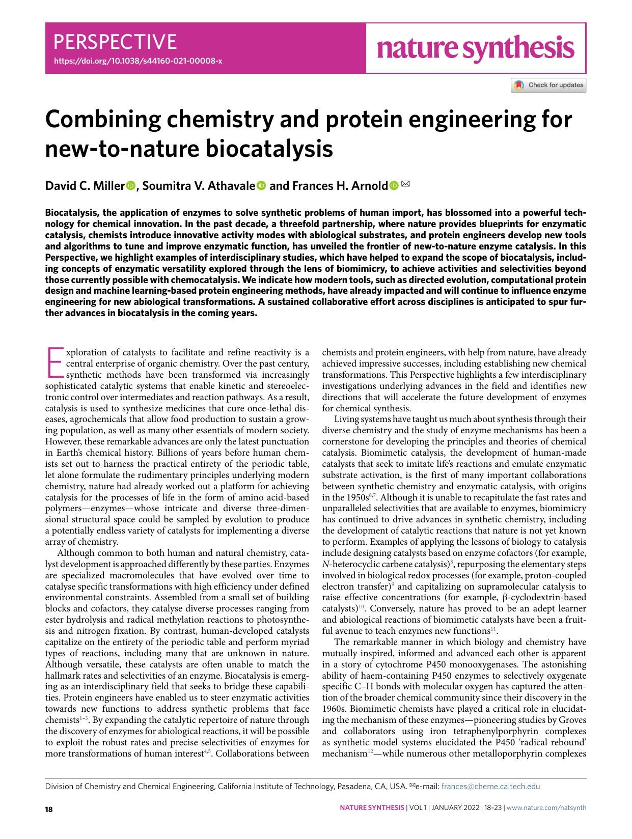 Combining chemistry and protein engineering for new-to-nature biocatalysis by David C. Miller & Soumitra V. Athavale & Frances H. Arnold
