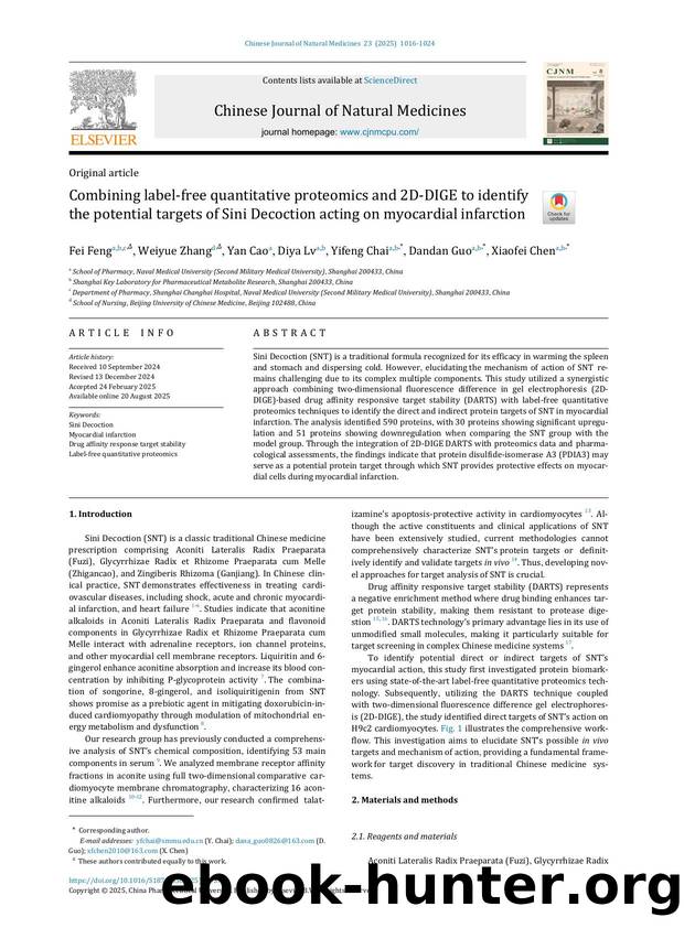 Combining label-free quantitative proteomics and 2D-DIGE to identify the potential targets of Sini Decoction acting on myocardial infarction by Fei Feng & Weiyue Zhang & Yan Cao & Diya Lv & Yifeng Chai & Dandan Guo & Xiaofei Chen