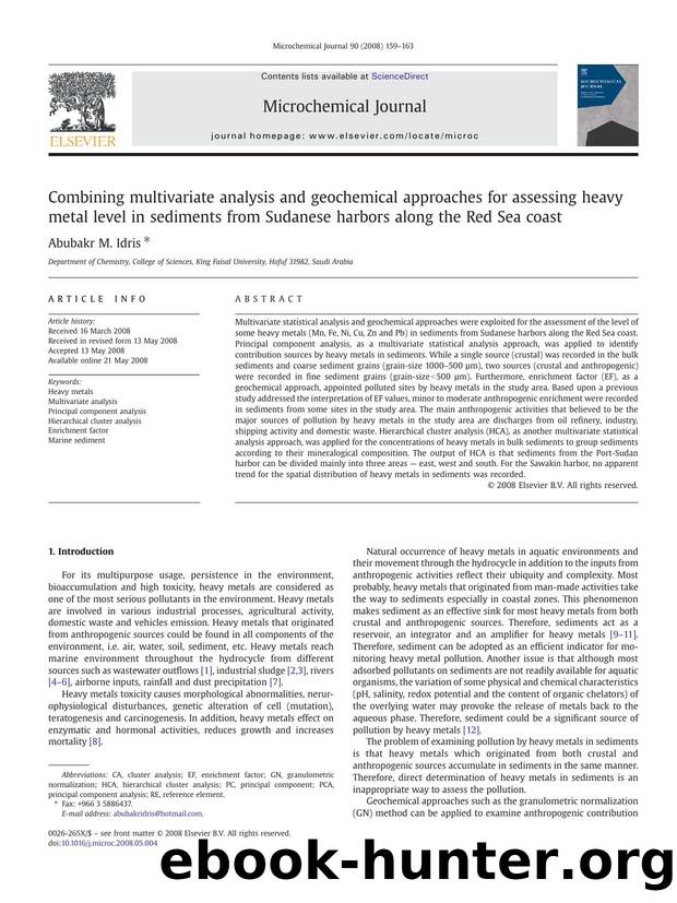 Combining multivariate analysis and geochemical approaches for assessing heavy metal level in sediments from Sudanese harbors along the Red Sea coast by Abubakr M. Idris
