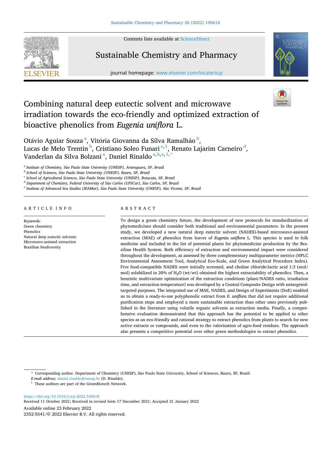 Combining natural deep eutectic solvent and microwave irradiation towards the eco-friendly and optimized extraction of bioactive phenolics from Eugenia uniflora L. by unknow