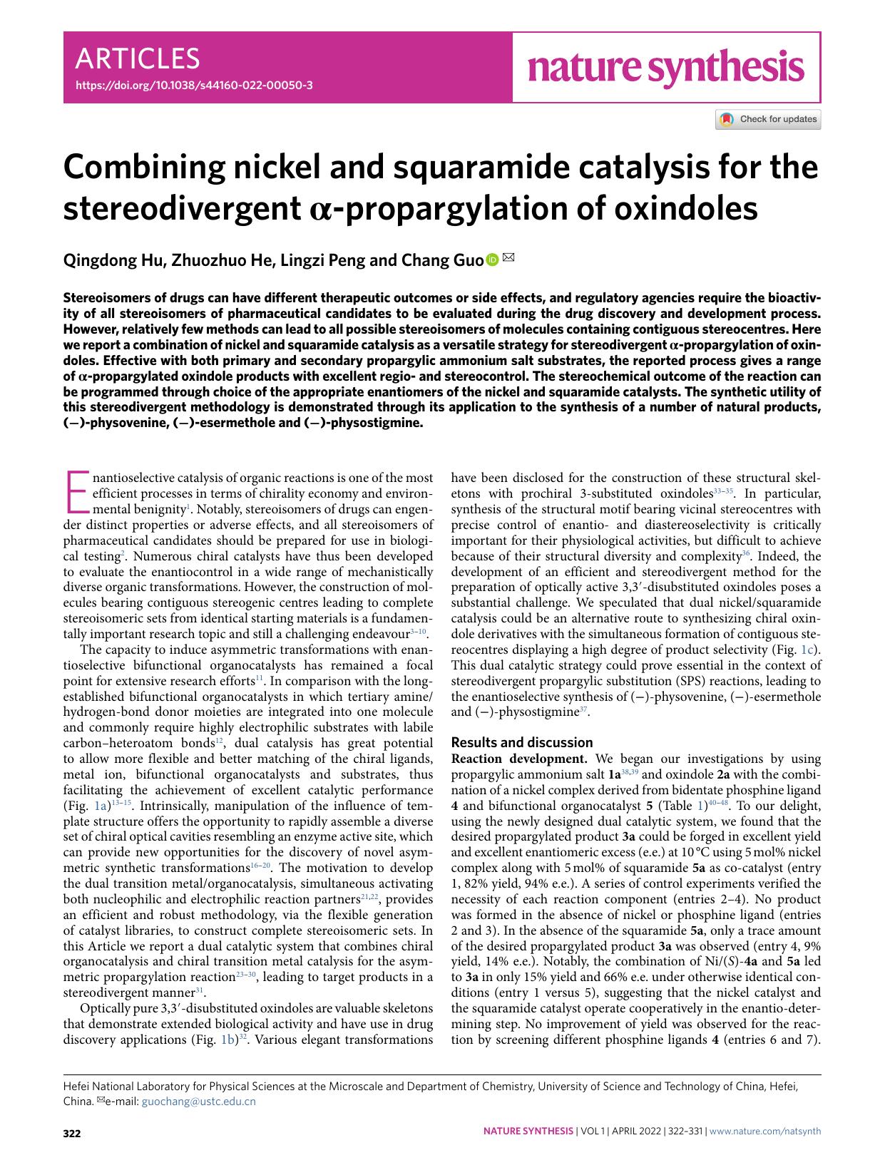 Combining nickel and squaramide catalysis for the stereodivergent Î±-propargylation of oxindoles by Qingdong Hu & Zhuozhuo He & Lingzi Peng & Chang Guo