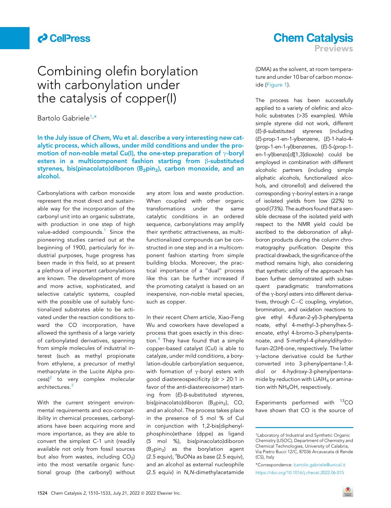 Combining olefin borylation with carbonylation under the catalysis of copper(I) by Bartolo Gabriele