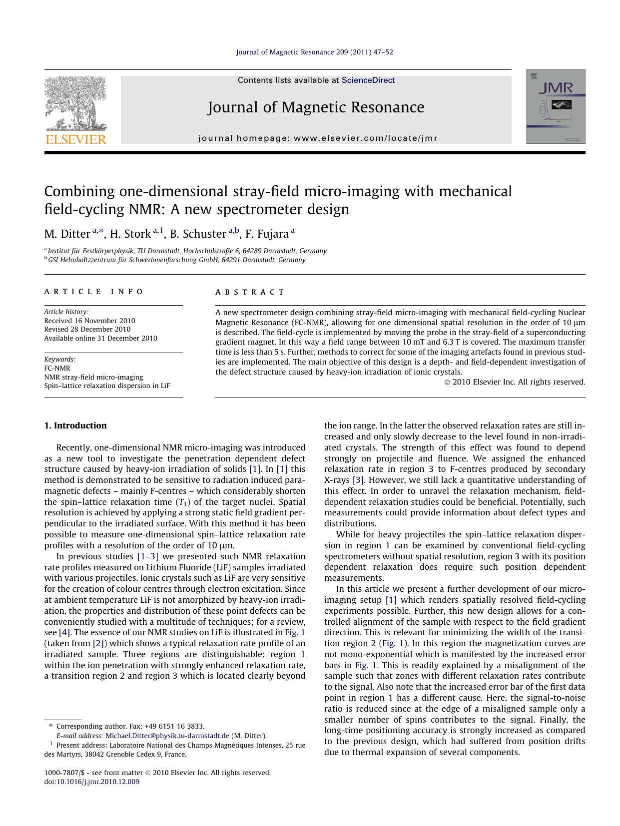 Combining one-dimensional stray-field micro-imaging with mechanical field-cycling NMR: A new spectrometer design by M. Ditter & H. Stork & B. Schuster & F. Fujara