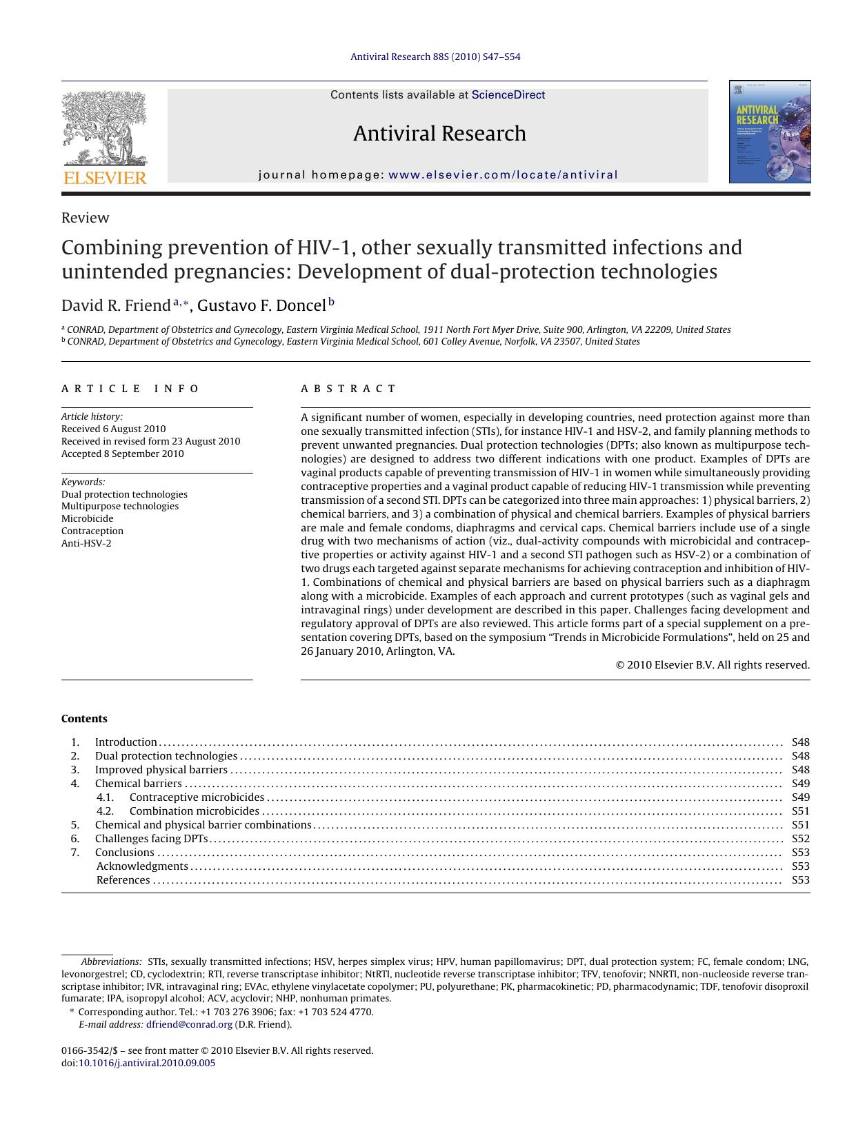 Combining prevention of HIV-1, other sexually transmitted infections and unintended pregnancies: Development of dual-protection technologies by David R. Friend