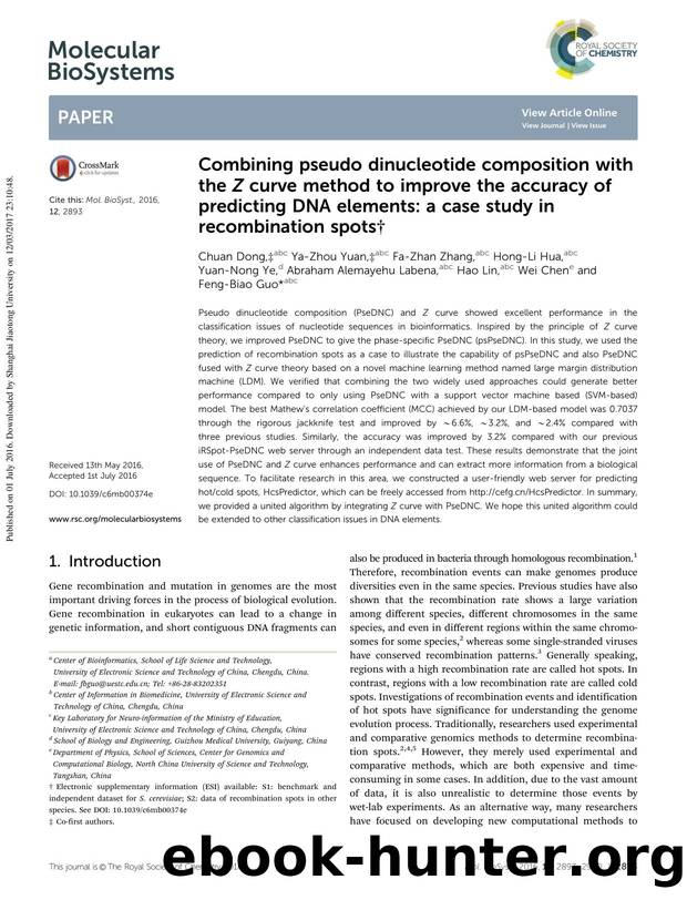 Combining pseudo dinucleotide composition with the Z curve method to improve the accuracy of predicting DNA elements: a case study in recombination spots by unknow