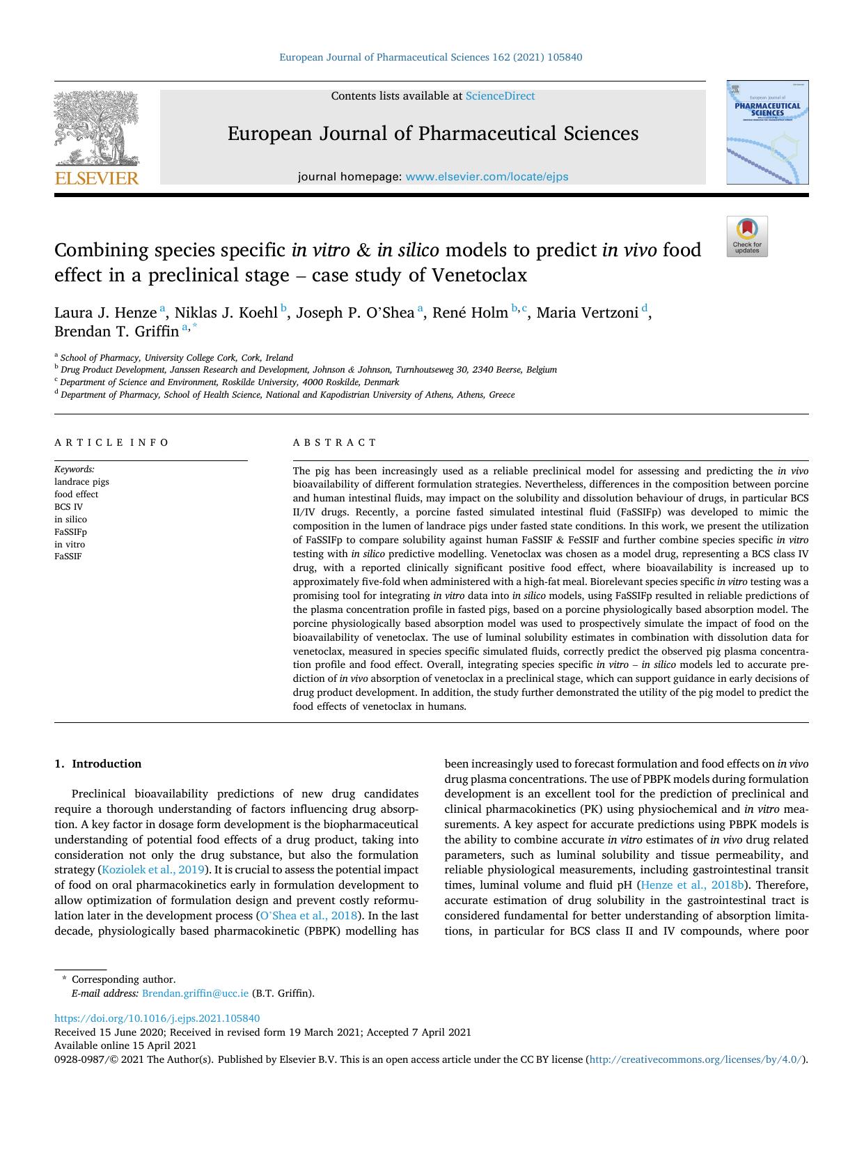 Combining species specific in vitro &amp; in silico models to predict in vivo food effect in a preclinical stage â case study of Venetoclax by Laura J. Henze