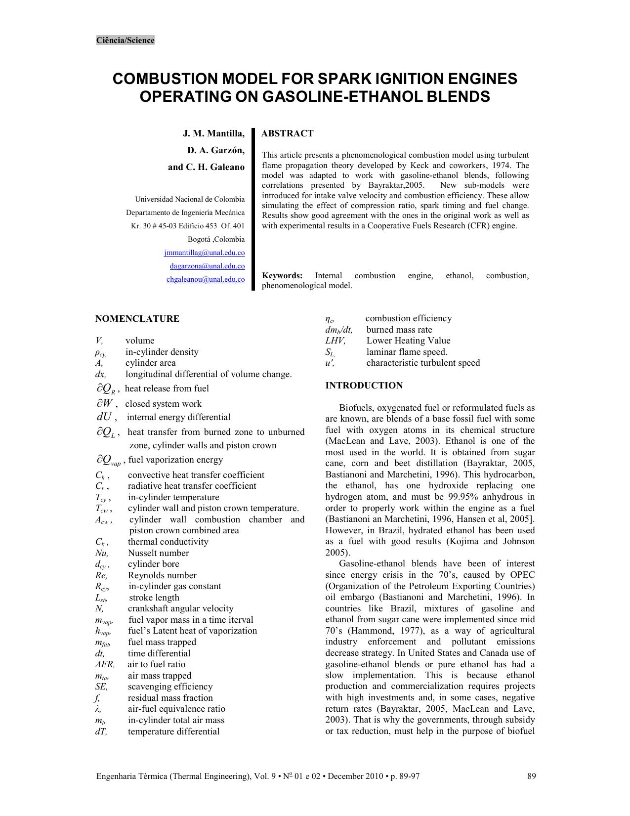 Combustion Model for Spark Ignition Engines Operating on Gasoline-Ethanol Blends by Mantilla J.M. Garzón D.A. Galeano C.H