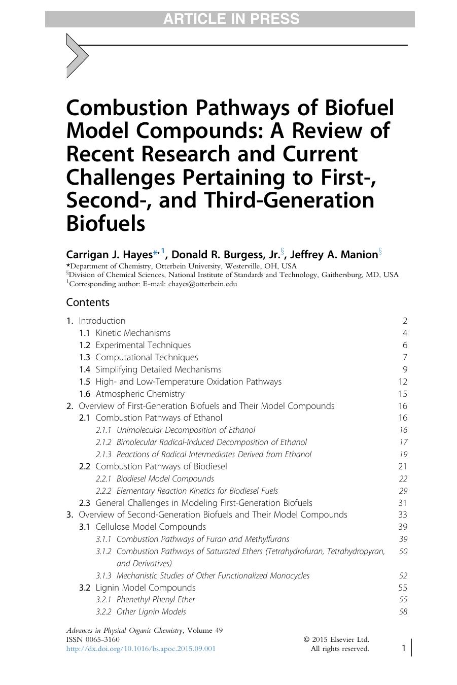 Combustion Pathways of Biofuel Model Compounds: A Review of Recent Research and Current Challenges Pertaining to First-, Second-, and Third-Generation Biofuels by Carrigan J. Hayes & Donald R. Burgess Jr. & Jeffrey A. Manion
