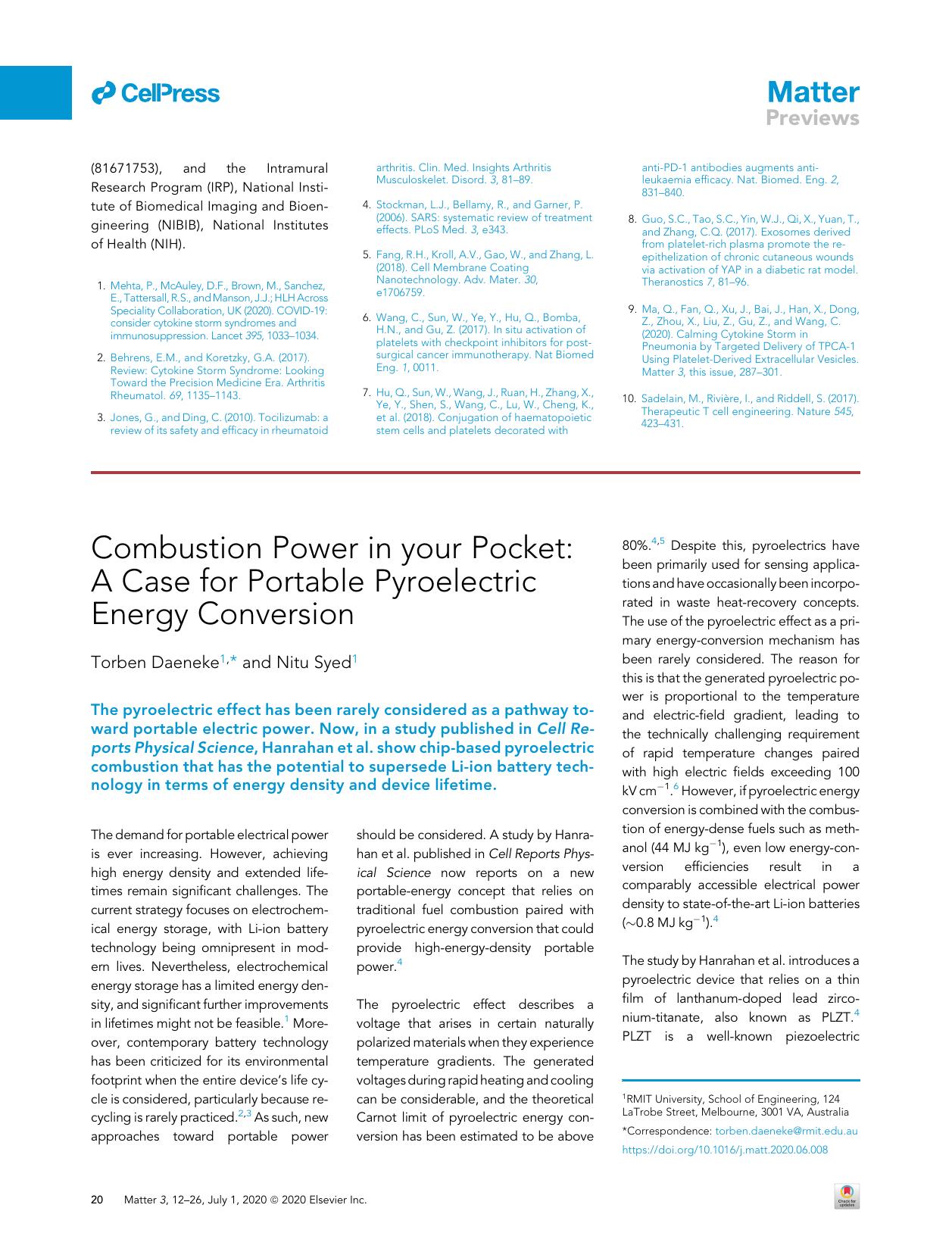 Combustion Power in your Pocket: A Case for Portable Pyroelectric Energy Conversion by Torben Daeneke & Nitu Syed