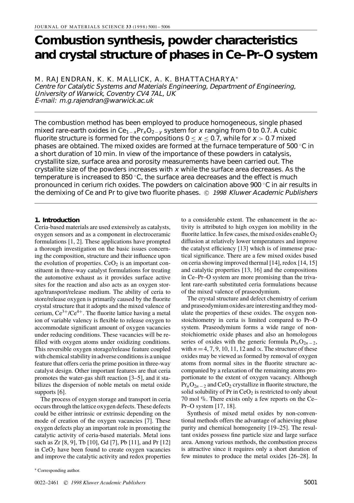 Combustion Synthesis, Powder Characteristics and Crystal Structure of Phases in Ce–Pr–O System by Unknown