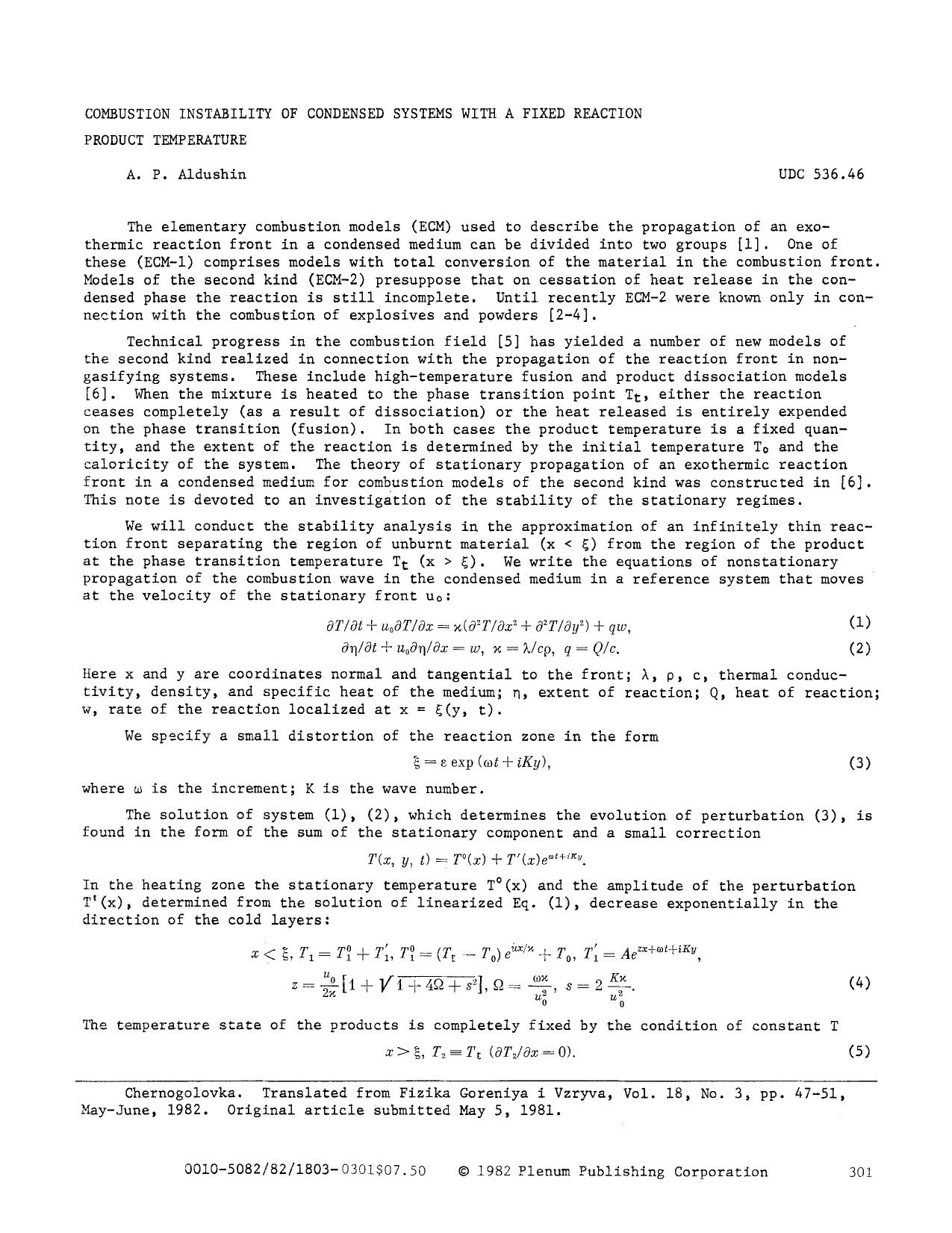 Combustion instability of condensed systems with a fixed reaction product temperature by Unknown