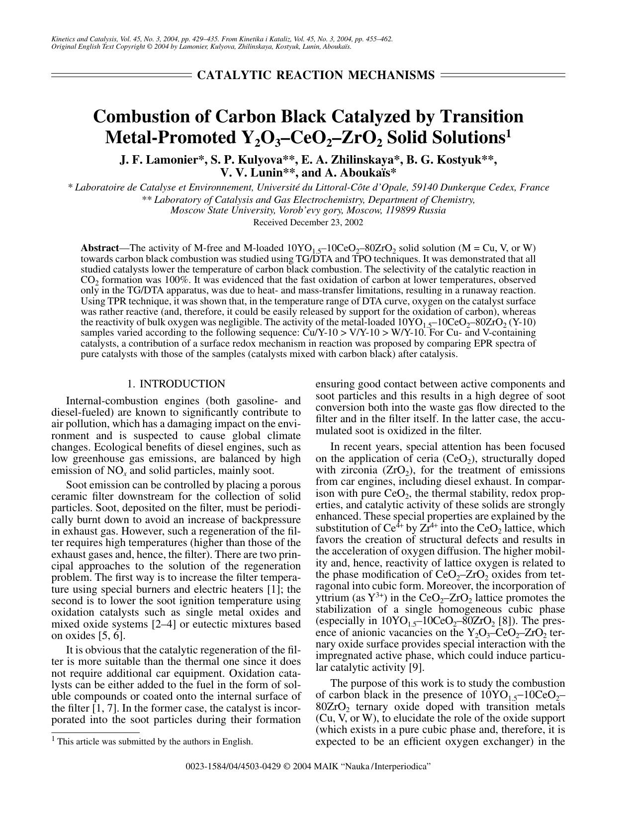Combustion of Carbon Black Catalyzed by Transition Metal-Promoted Y<Subscript>2<Subscript>O<Subscript>3<Subscript>&#x2013;CeO<Subscript>2<Subscript>&#x2013;ZrO<Subscript>2<Subscrip by Unknown