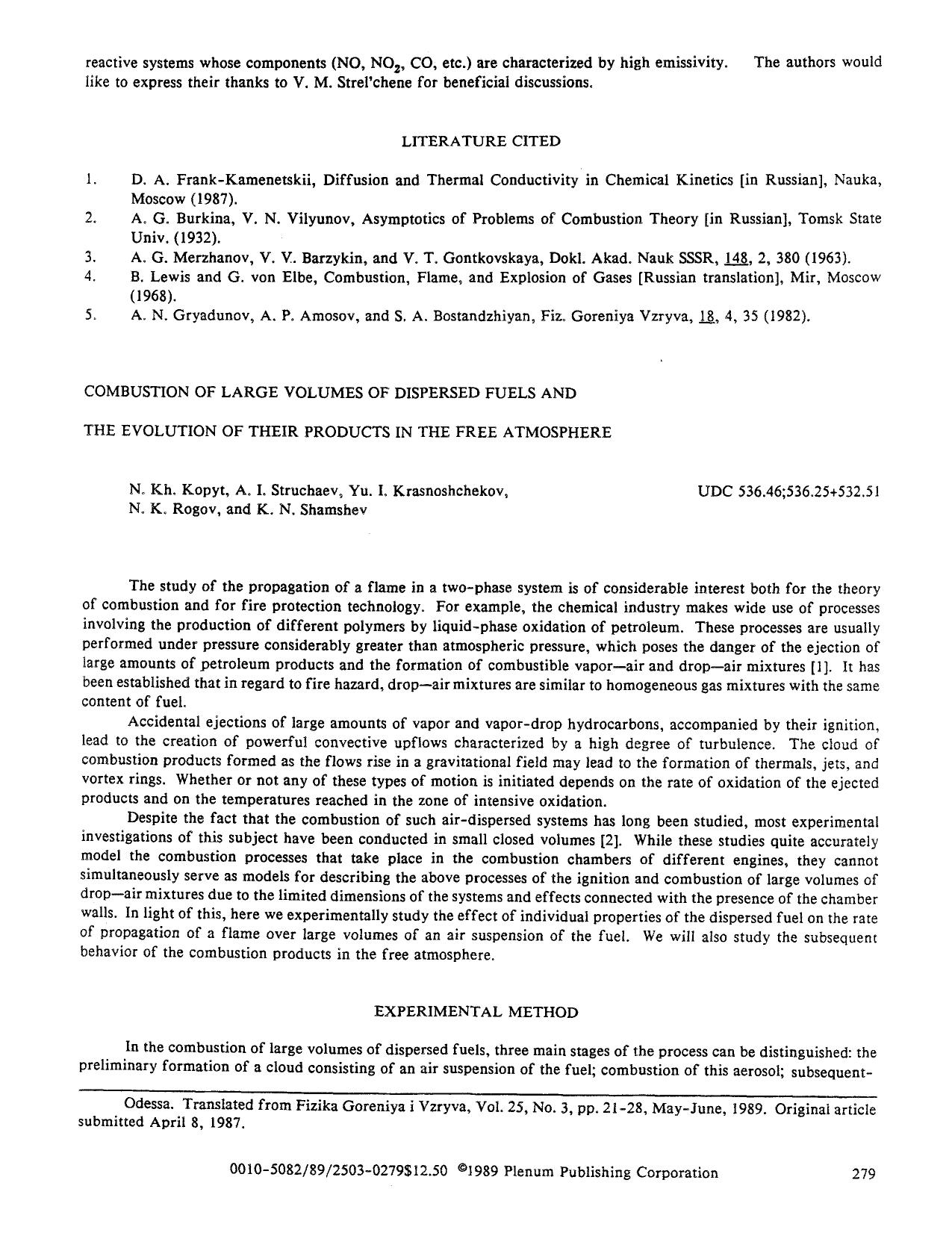 Combustion of large volumes of dispersed fuels and the evolution of their products in the free atmosphere by Unknown